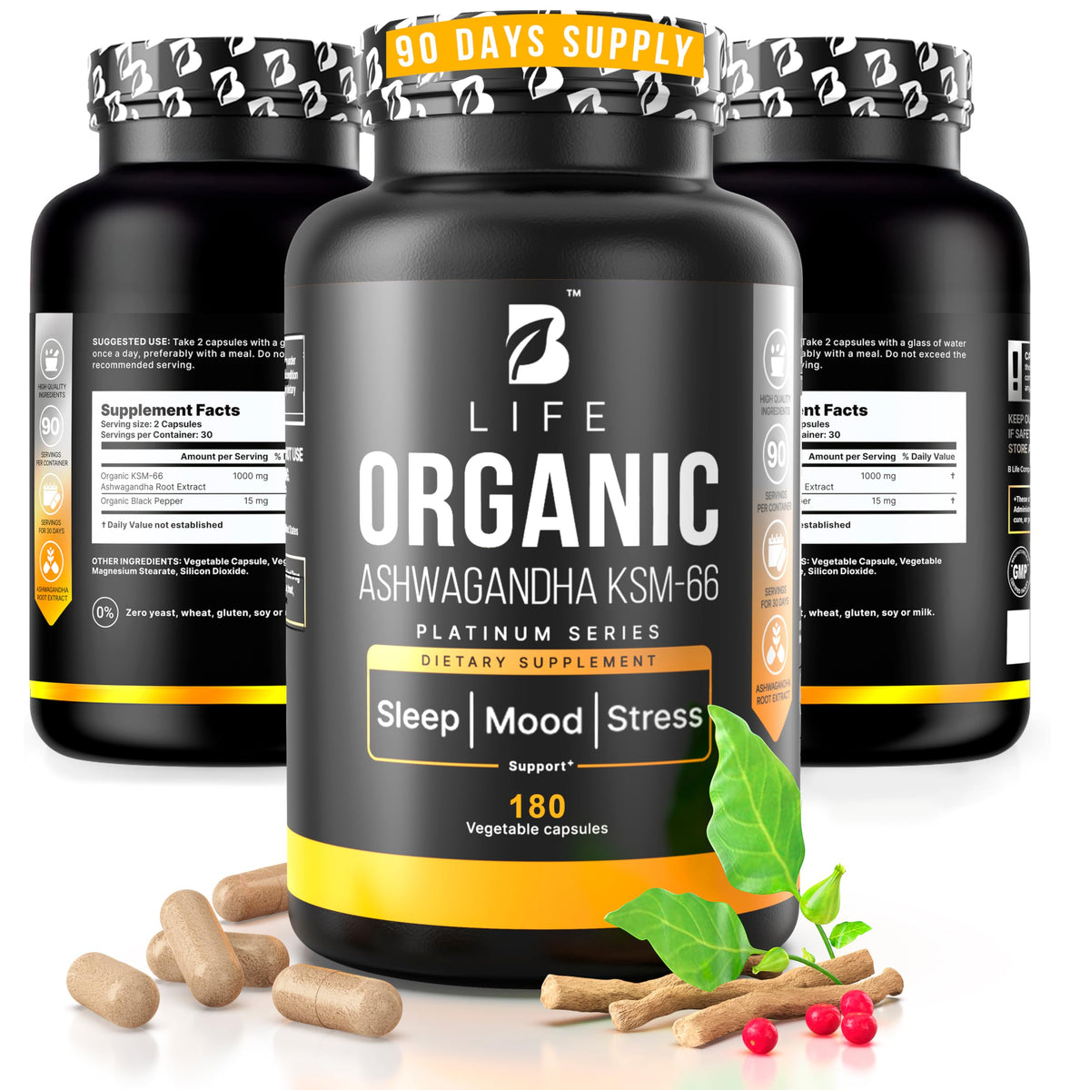 B Life Company envase frontal de Ashwagandha KSM-66, beneficio gestión estrés
