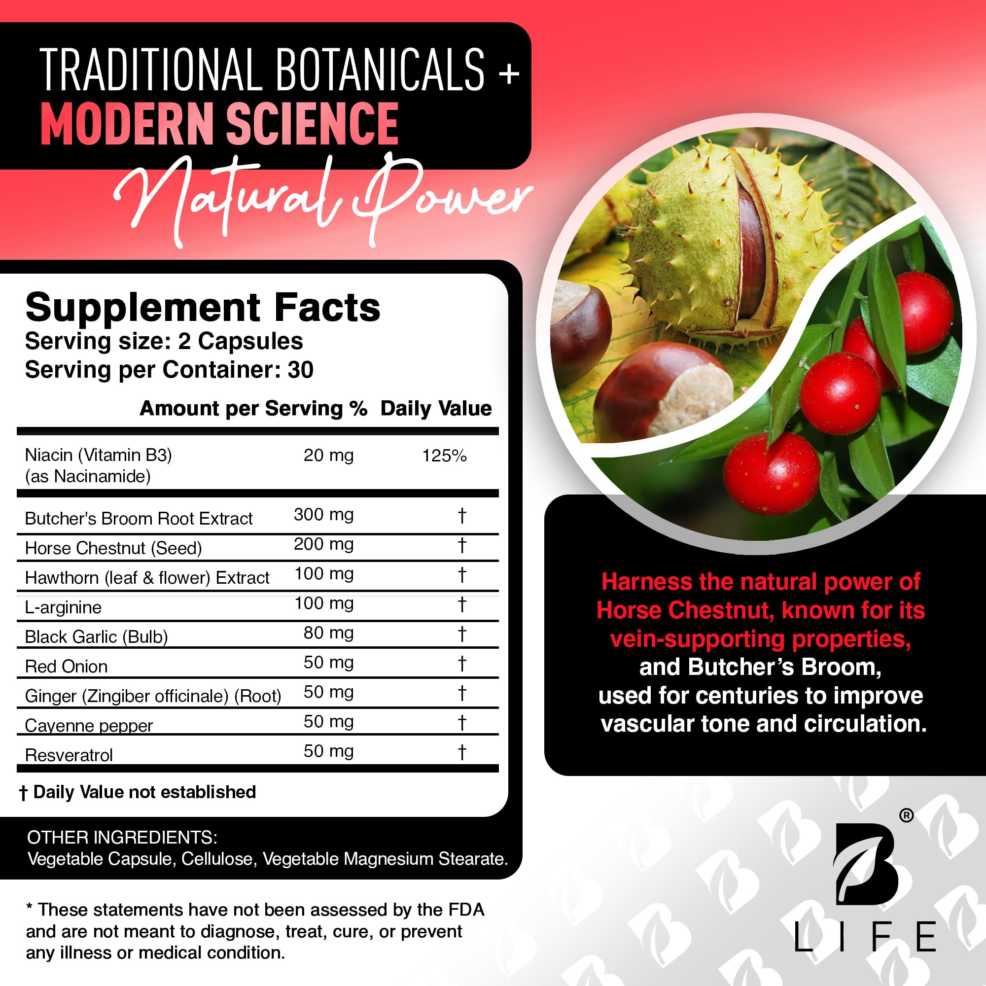 B Life Company ingredientes naturales: castaño, rusco y resveratrol visibles