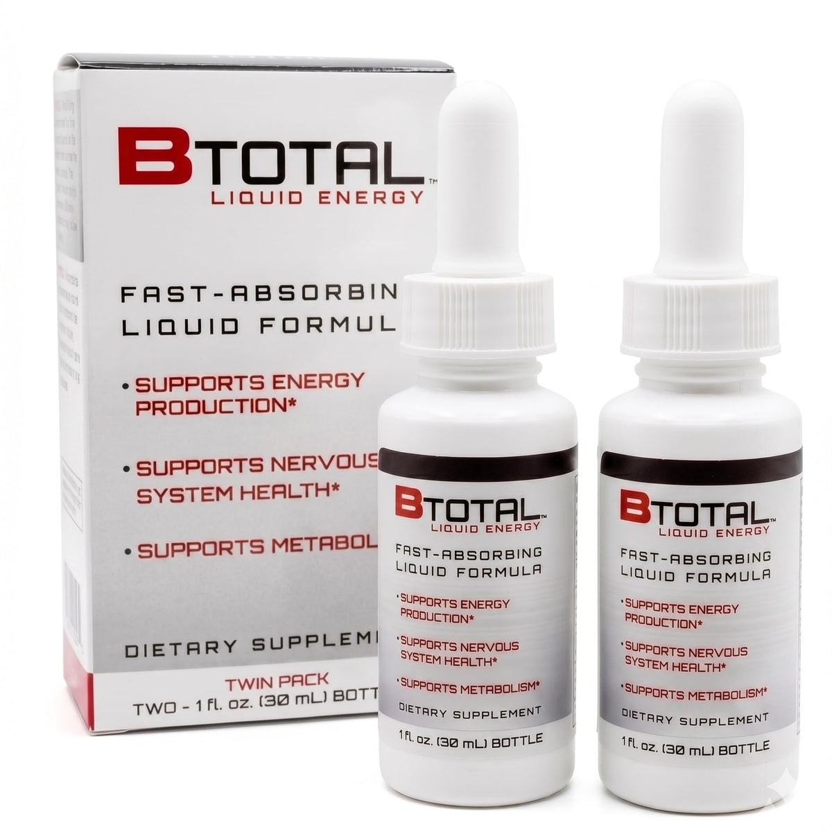 B Total vista frontal del paquete mostrando valor twin pack y ventaja de absorción