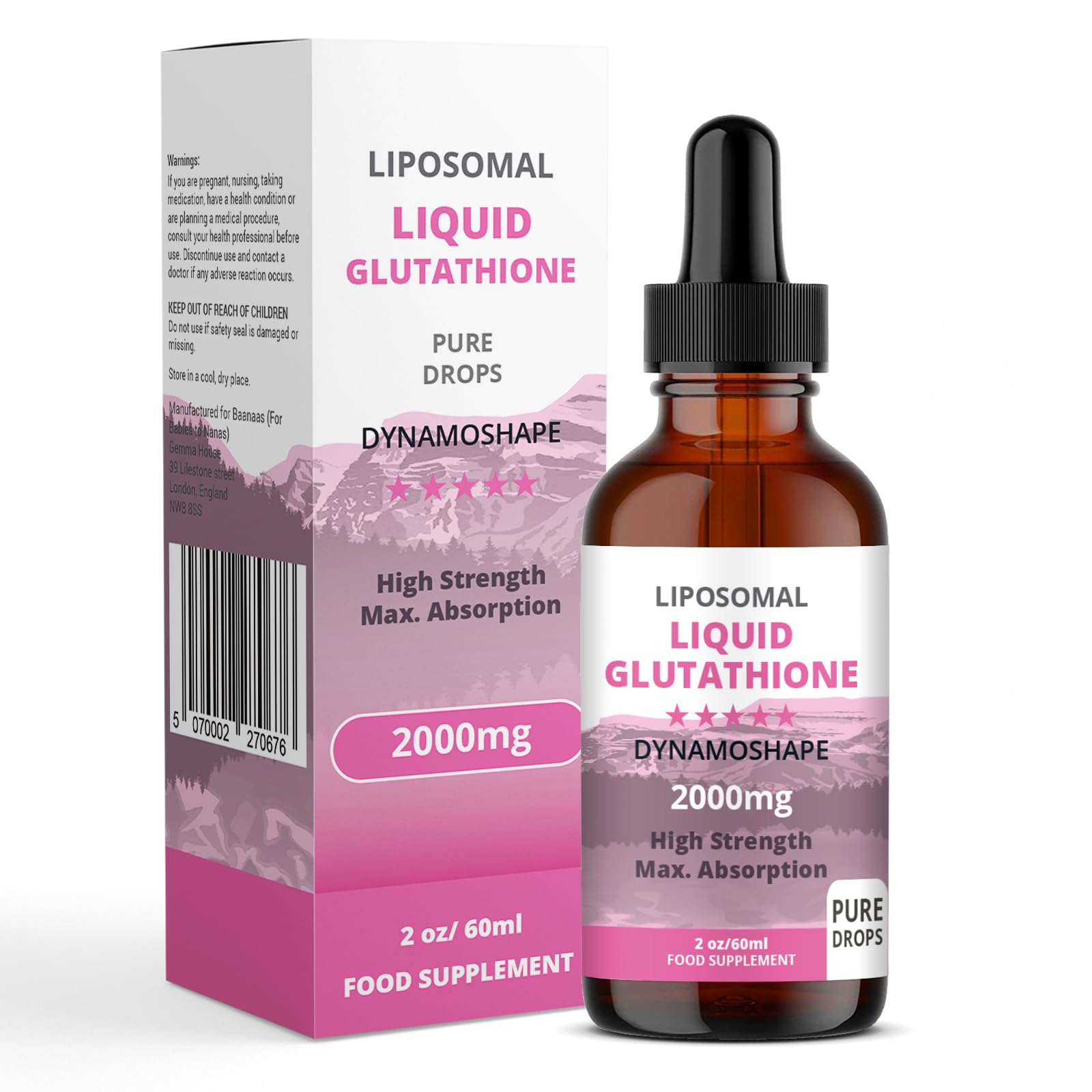 baanaas frasco frontal del liposomal glutathione mostrando la etiqueta y dosis destacada