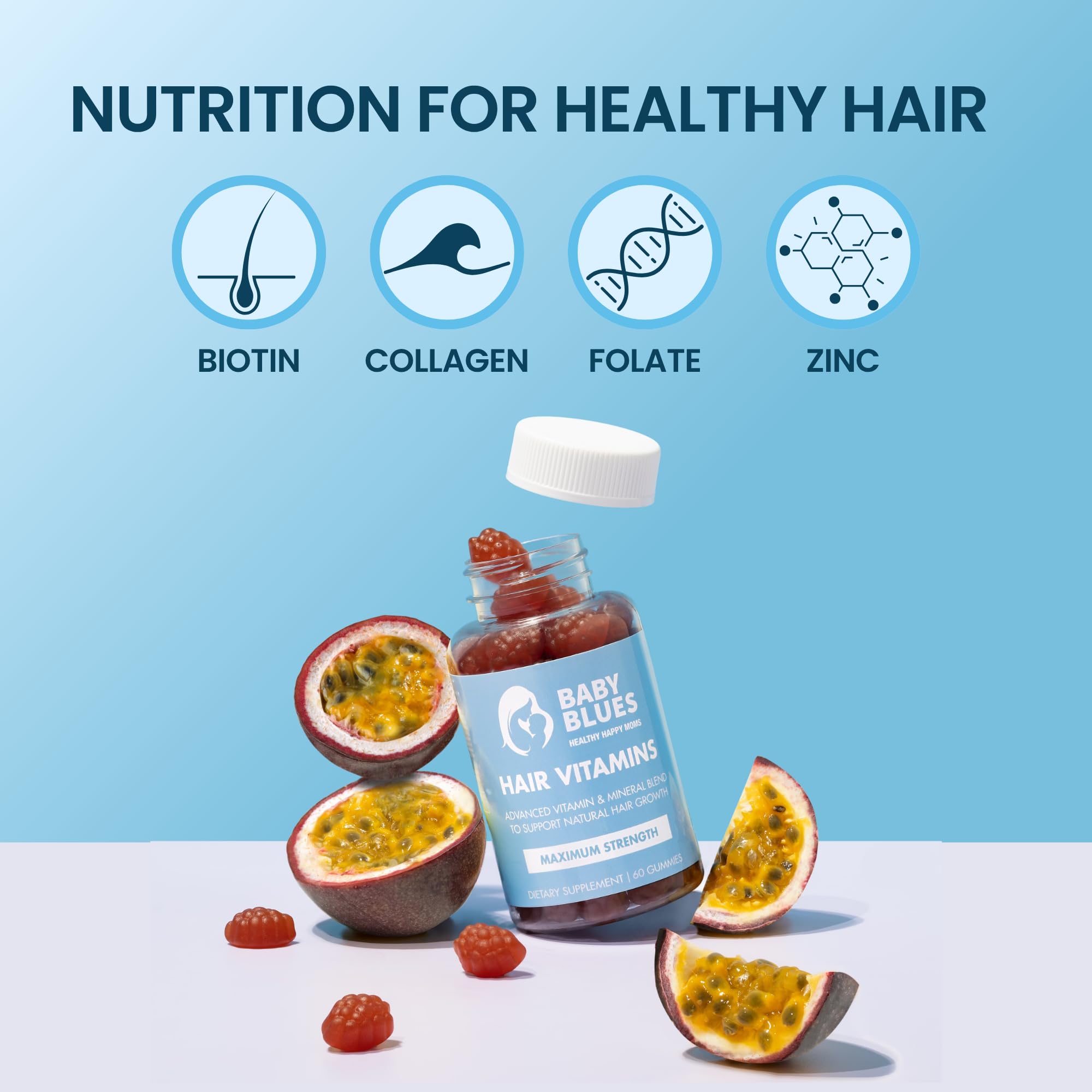 Baby Blues etiqueta con ingredientes y niveles de vitaminas visibles