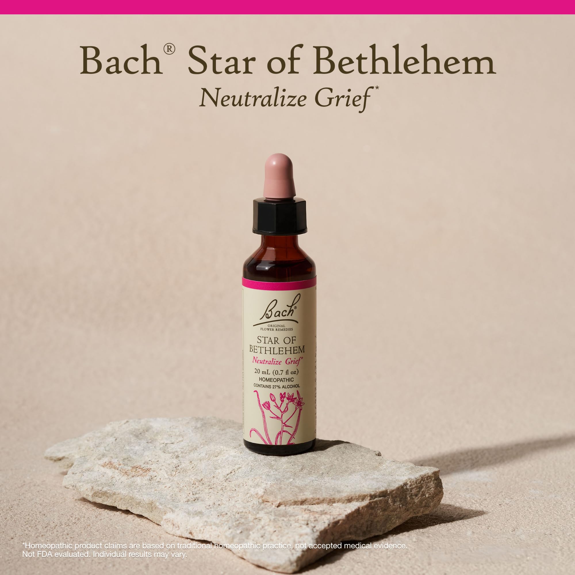 Bach botella de 20ml junto a una moneda para visualizar el tamaño real