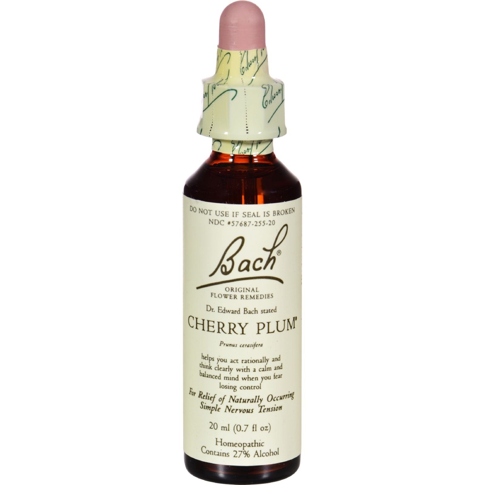 Bach Cherry Plum frasco frontal mostrando etiqueta y cuentagotas para dosificación precisa