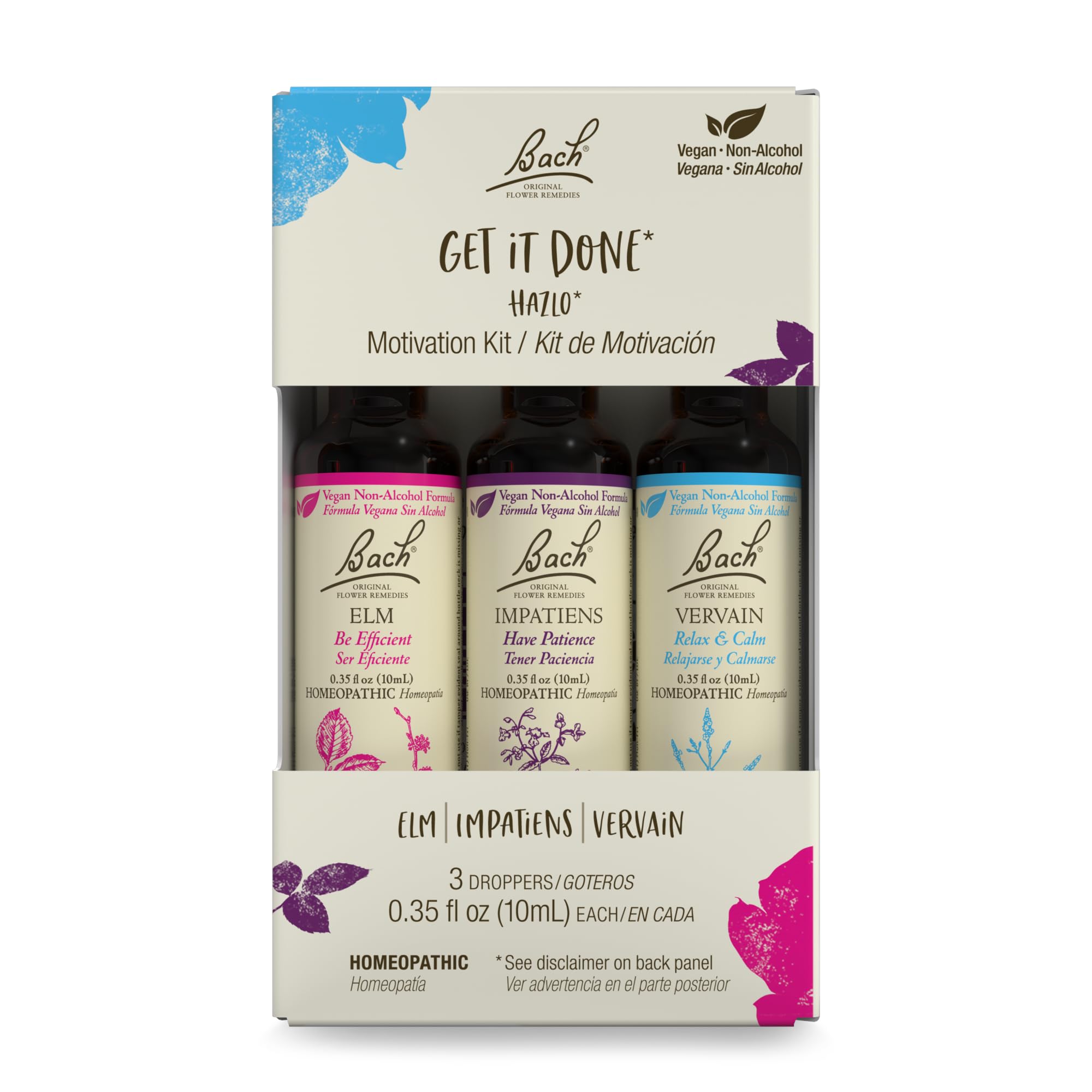 Bach Flower Remedies frascos frontales del kit GET IT DONE mostrando presentación compacta