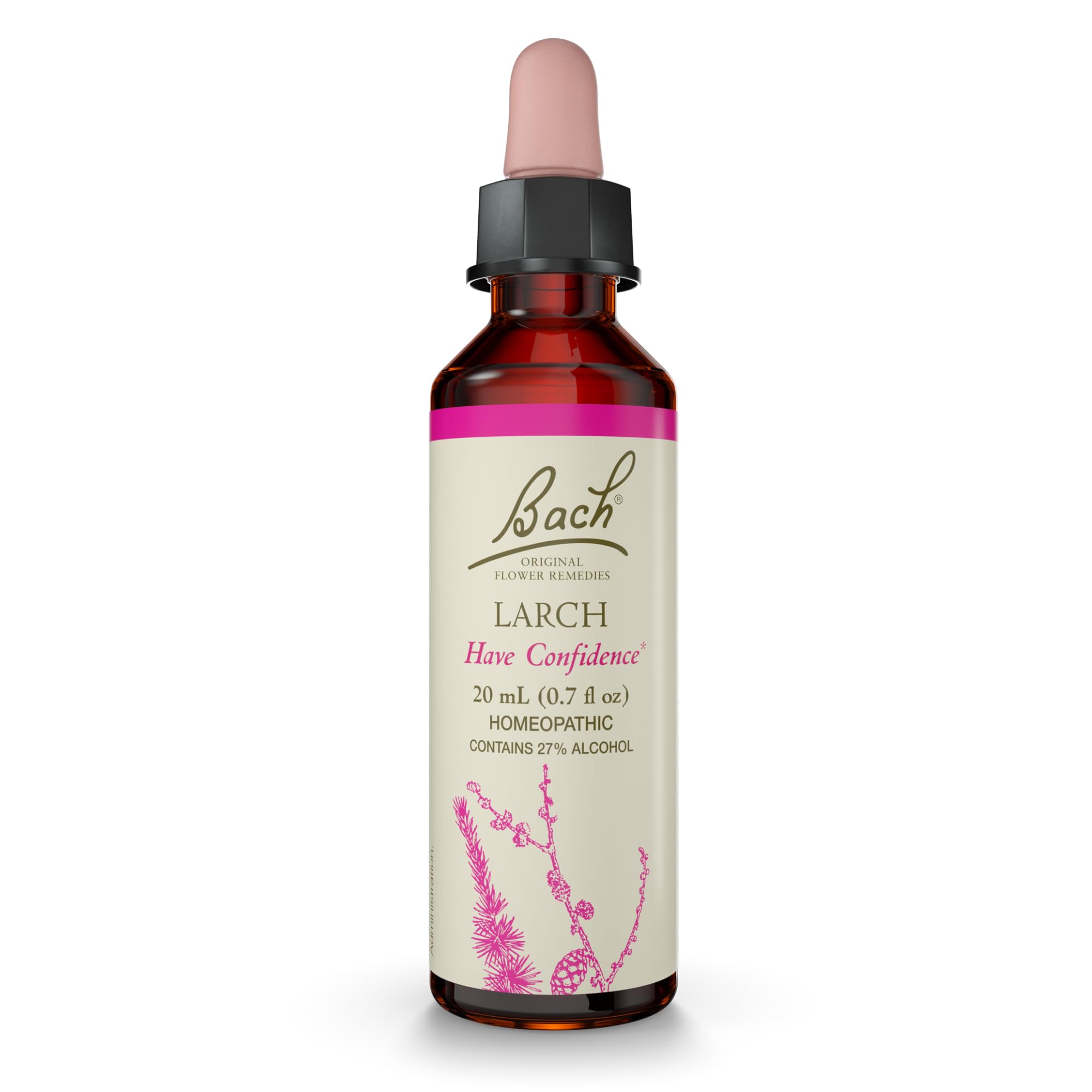 Bach Larch frasco frontal mostrando etiqueta y volumen, confianza visible
