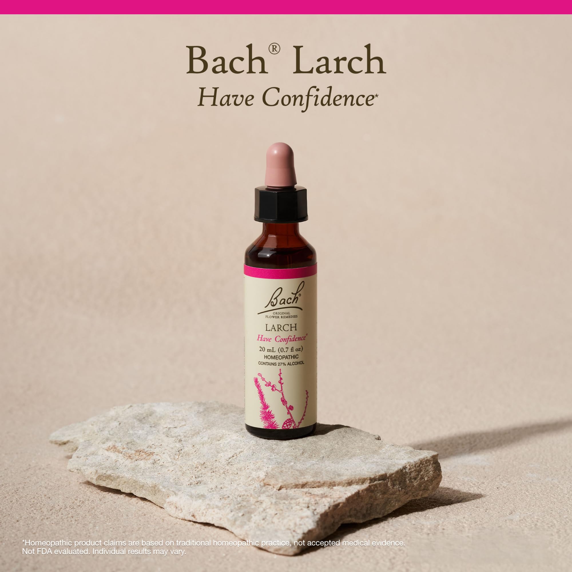 Bach Larch tamaño comparado con mano, frasco práctico y portable