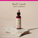 Bach Larch tamaño comparado con mano, frasco práctico y portable