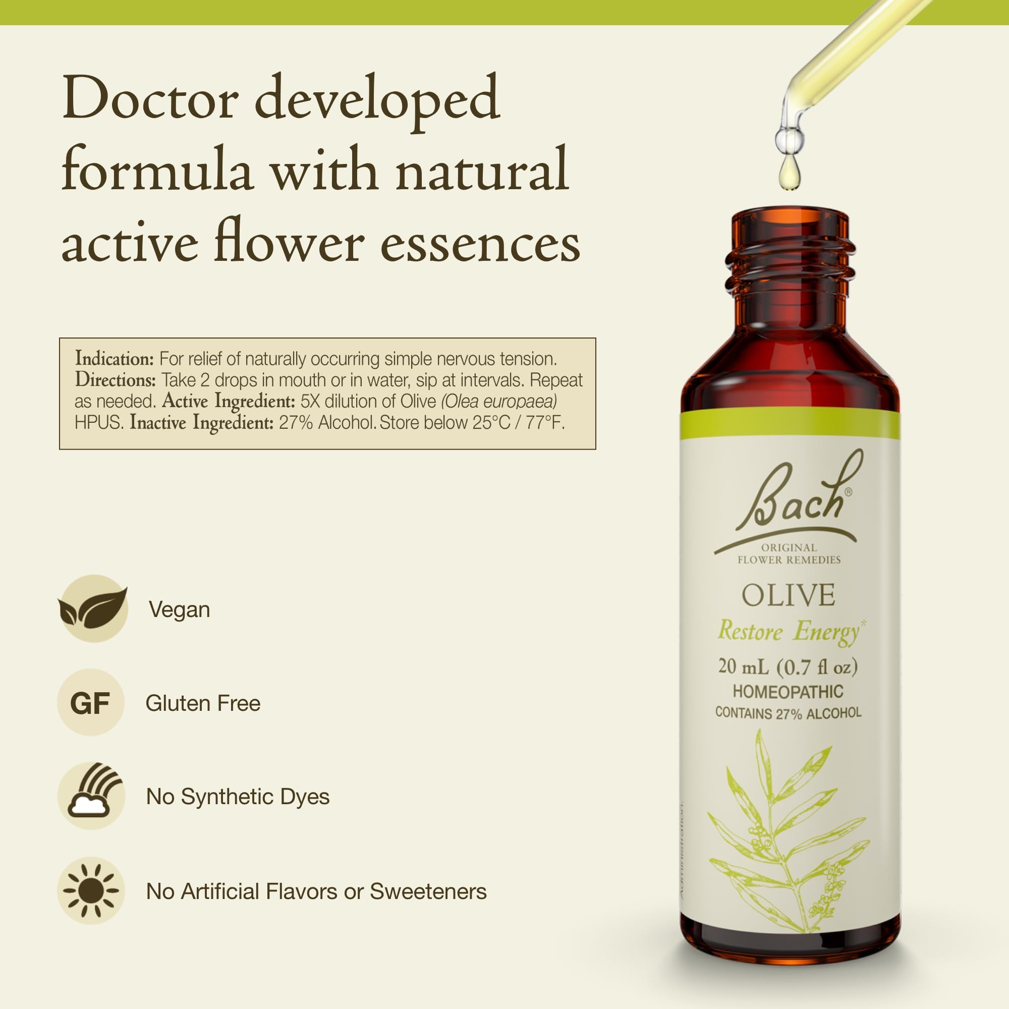 Bach Olive cuentagotas detalle con gota, fácil aplicación sublingual