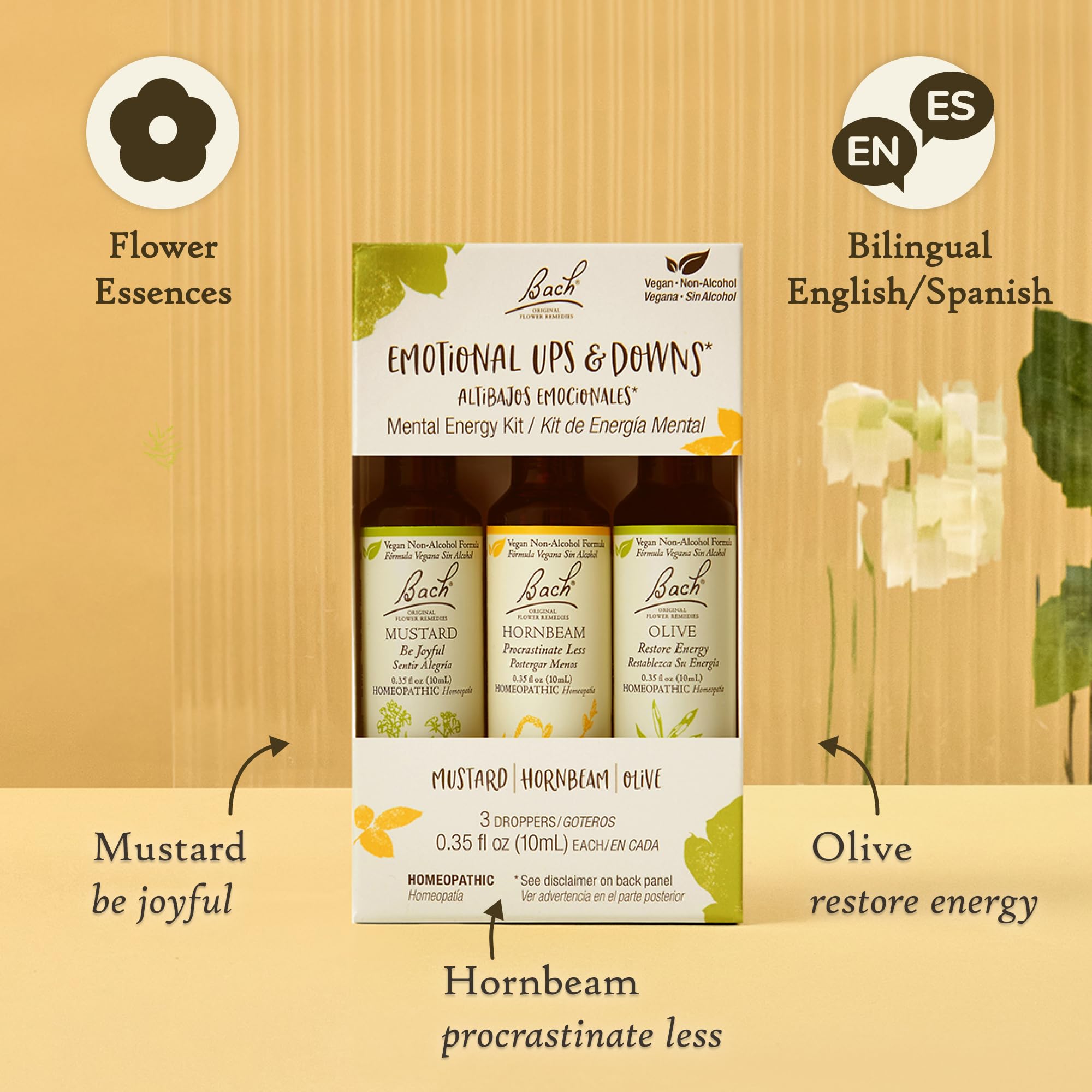 Bach Flower Remedies etiqueta en primer plano mostrando ingredientes y fórmula sin alcohol