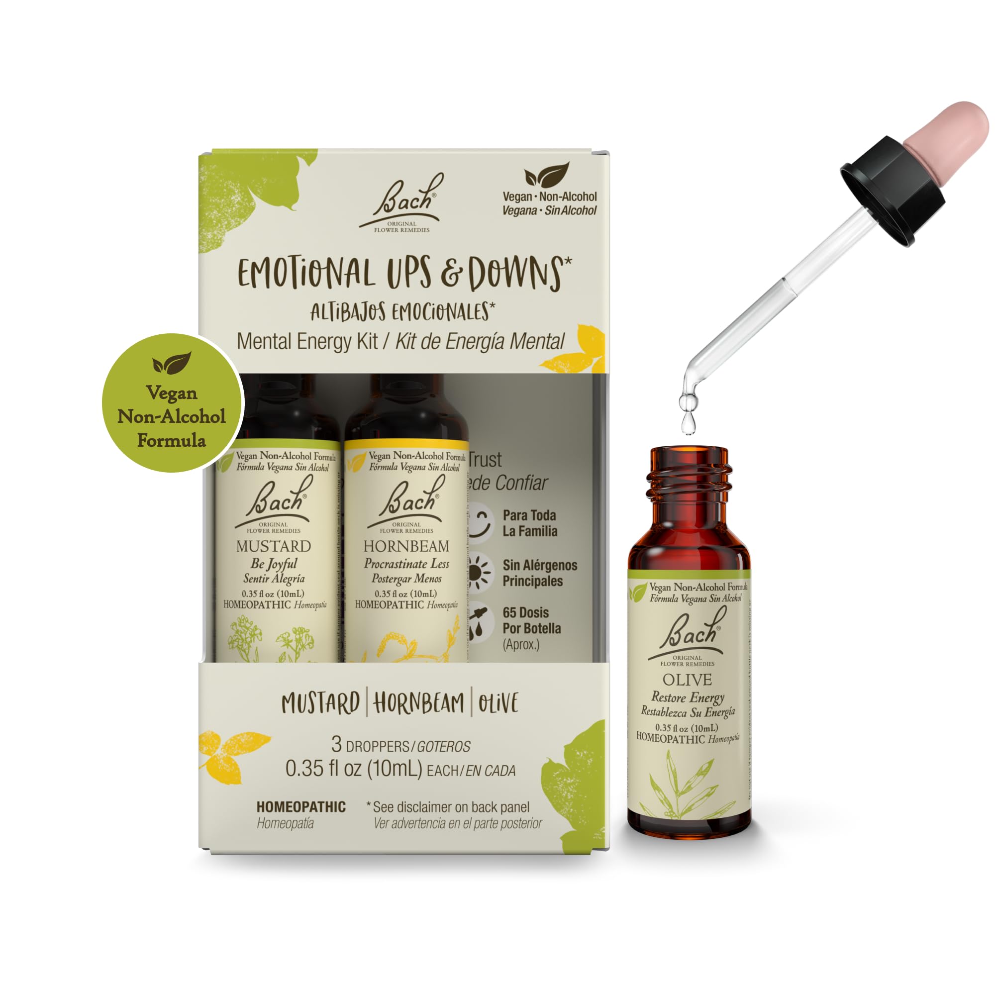 Bach Flower Remedies frasco frontal del trío, presentación clara y beneficios cotidianos