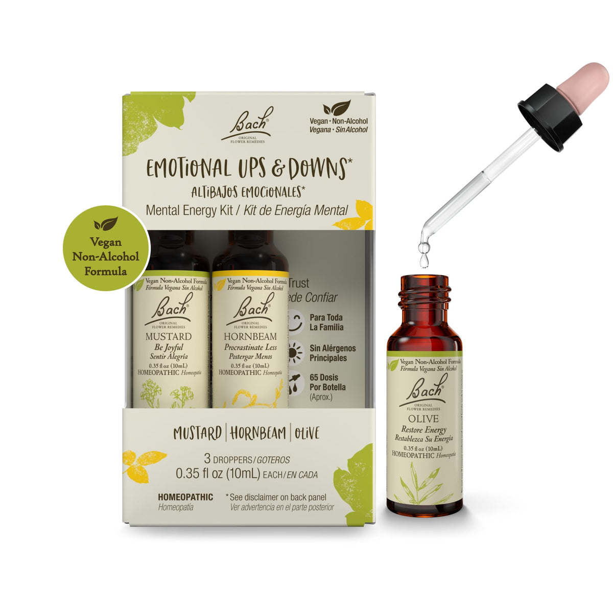Bach Flower Remedies frasco frontal del trío, presentación clara y beneficios cotidianos