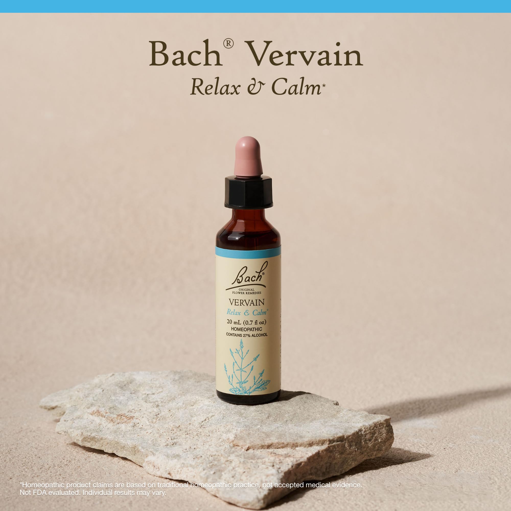 Bach Vervain frasco junto a una mano para apreciar tamaño práctico