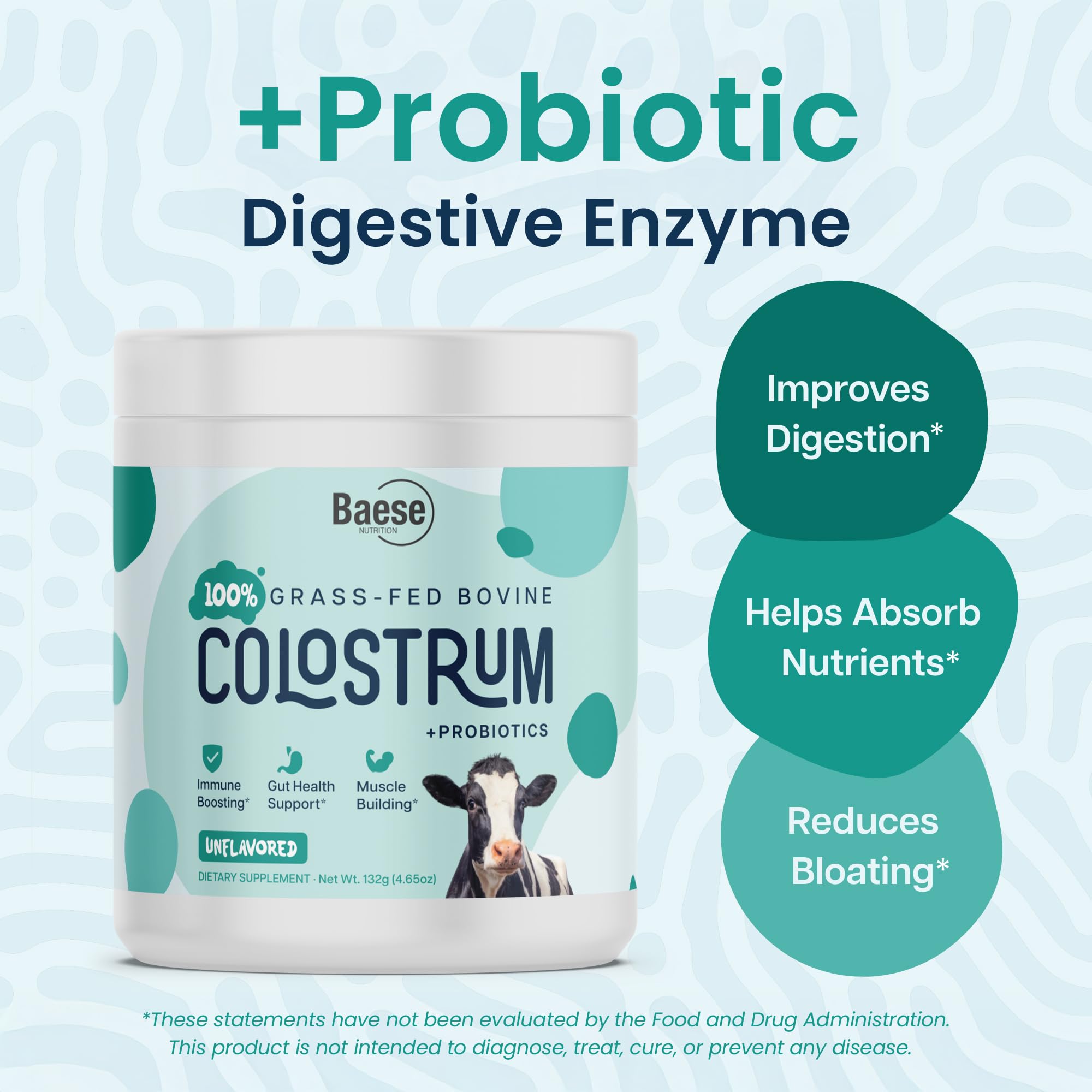 Baese Nutrition etiqueta nutricional destacando 800 mg IgG y detalles