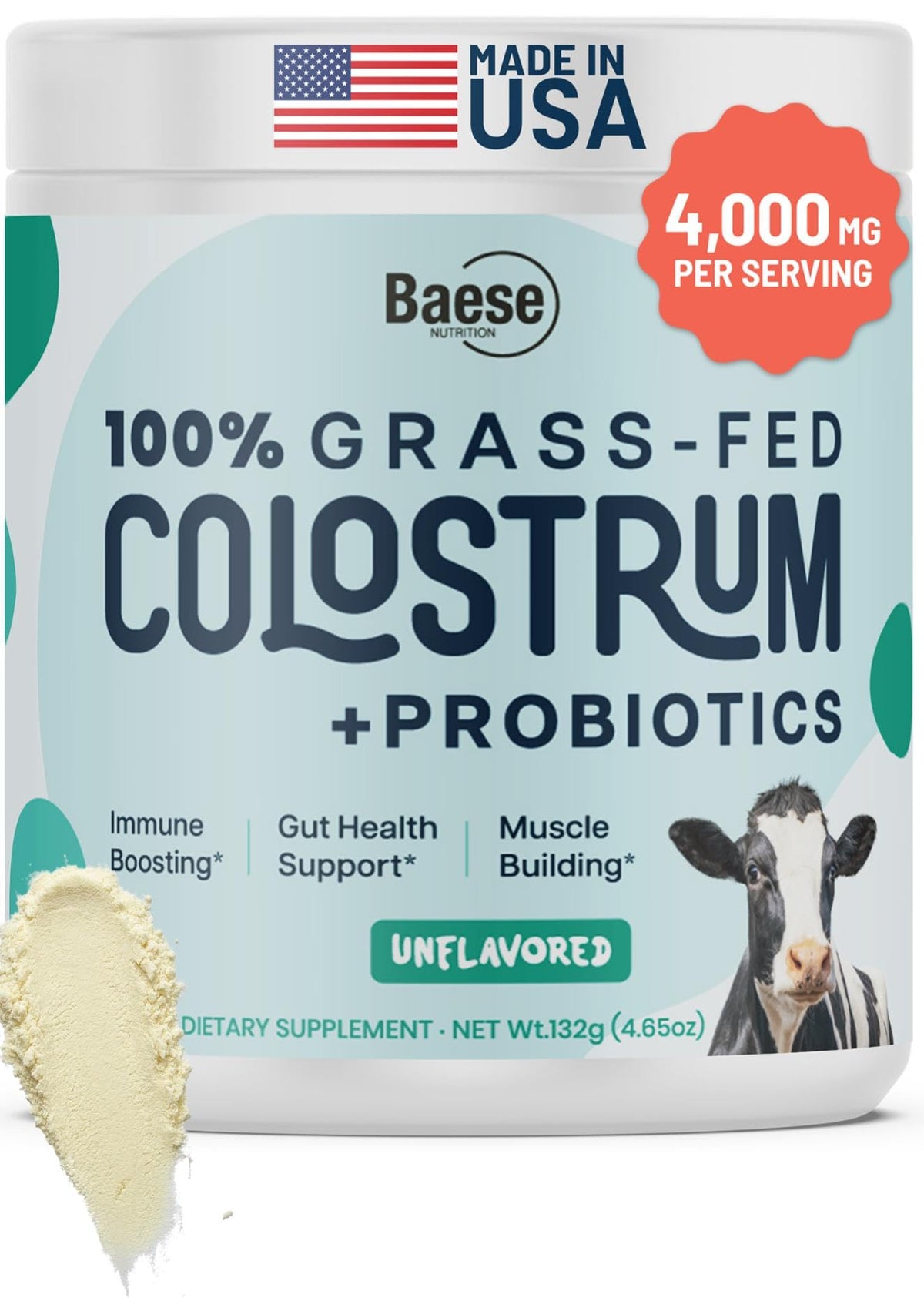 Baese Nutrition frente del envase mostrando 4000 mg y probióticos beneficiosos