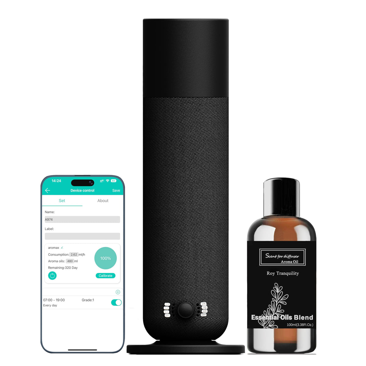 BAIESHIJI difusor frontal negro mostrando diseño elegante y ahorro de espacio