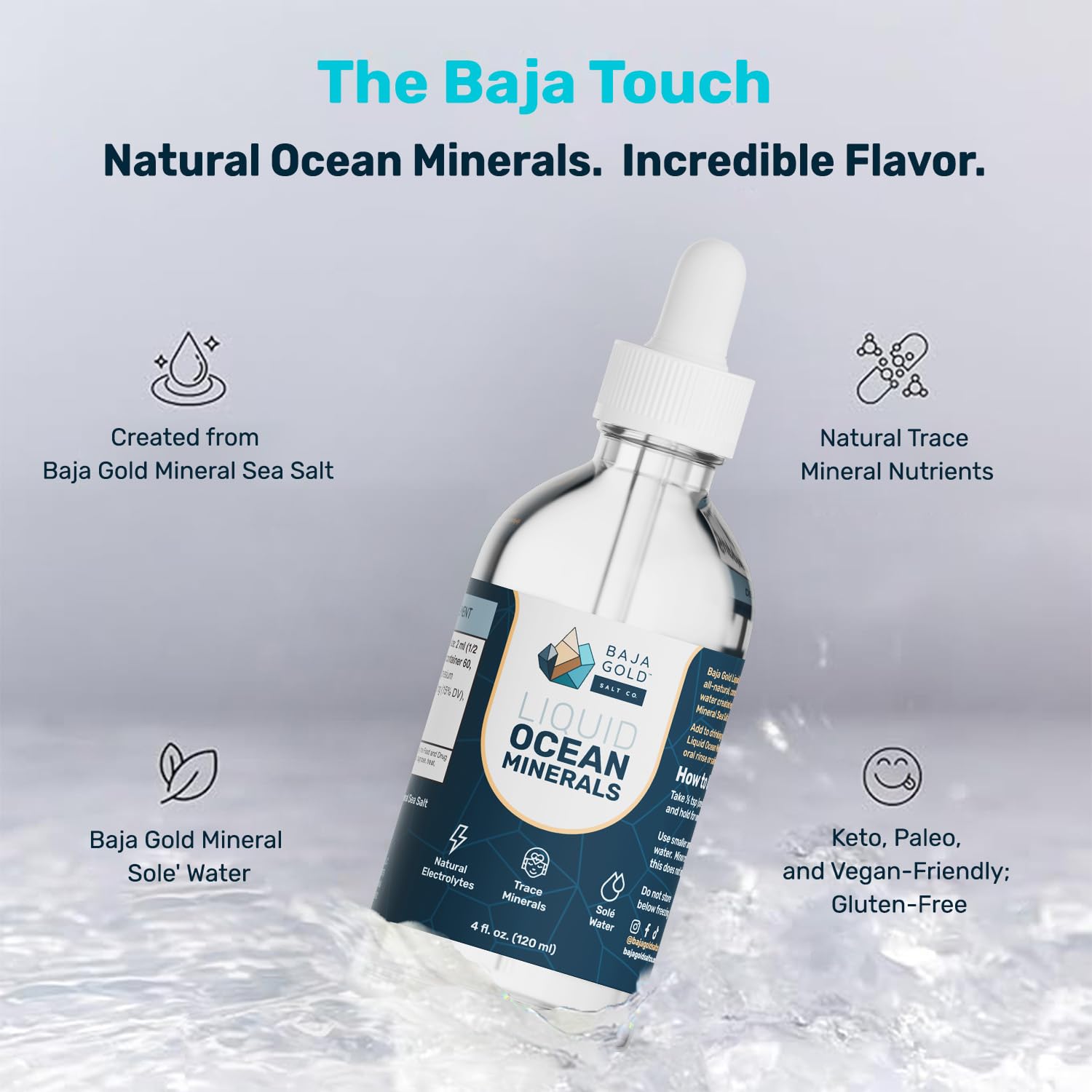 Baja Gold gotas en agua que resaltan la textura iónica y limpieza