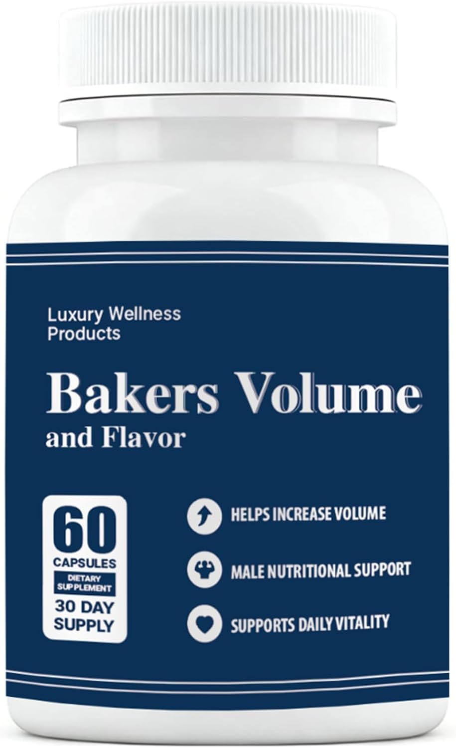 Bakers Volume frontal del envase mostrando 60 cápsulas y ventaja de formato