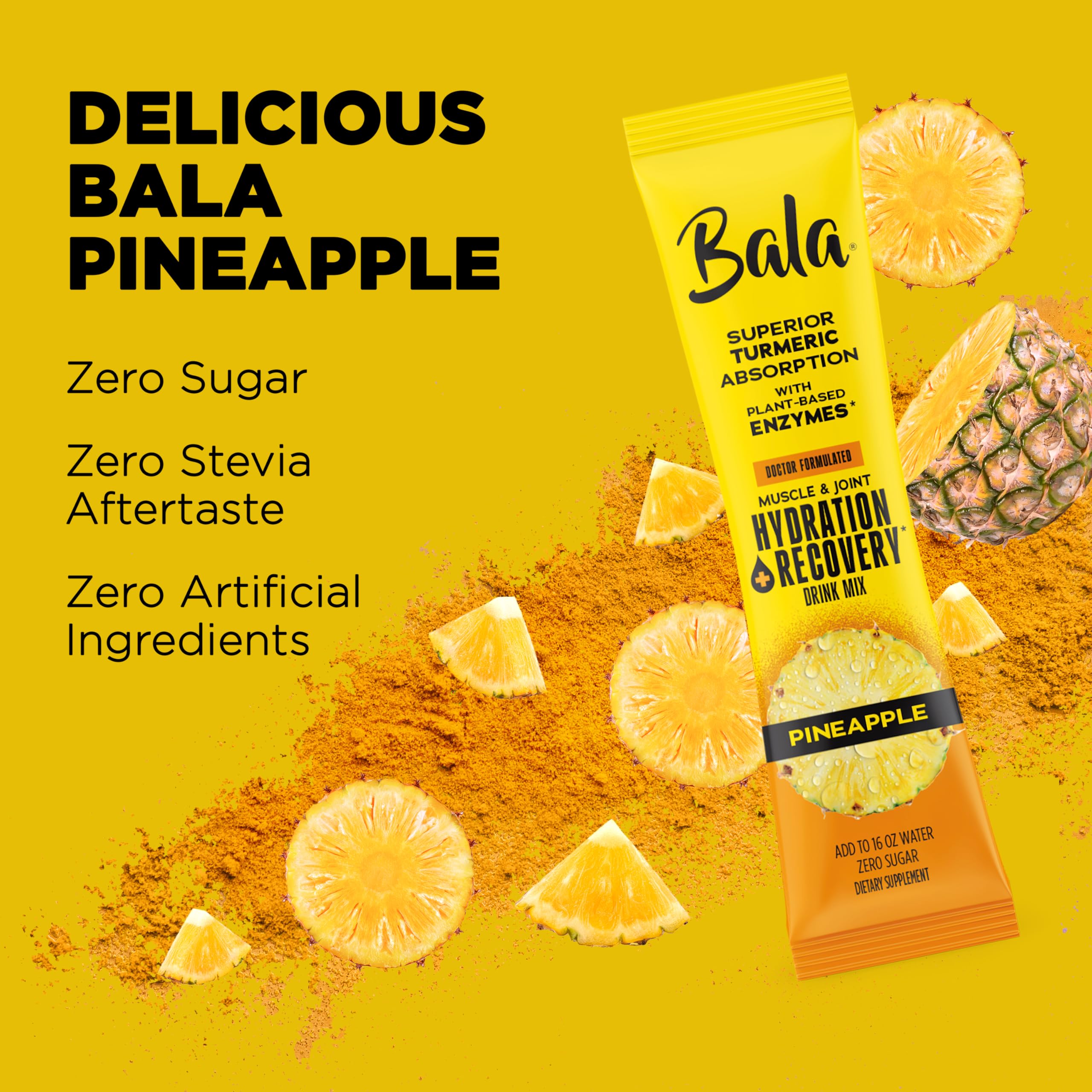 BALA etiqueta de ingredientes enfocada en cúrcuma, bromelina y electrolitos