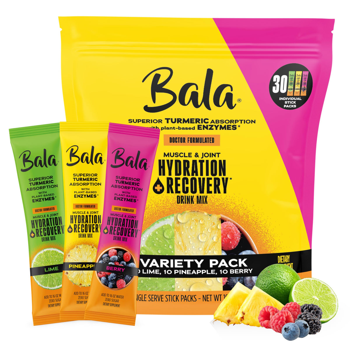 BALA pack frontal variedad mostrando 30 sobres y beneficios de hidratación