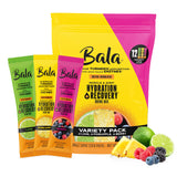 BALA pack frontal mostrando sobres y sabores, beneficio hidratación rápida