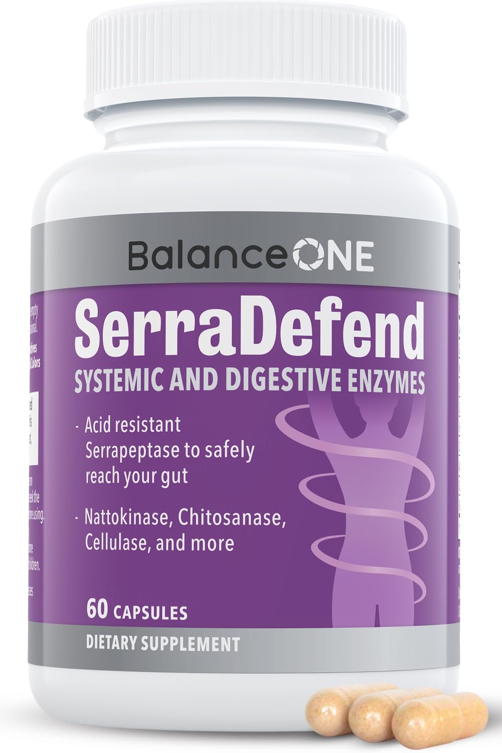 Balance ONE frasco SerraDefend frente mostrando etiqueta y benefits