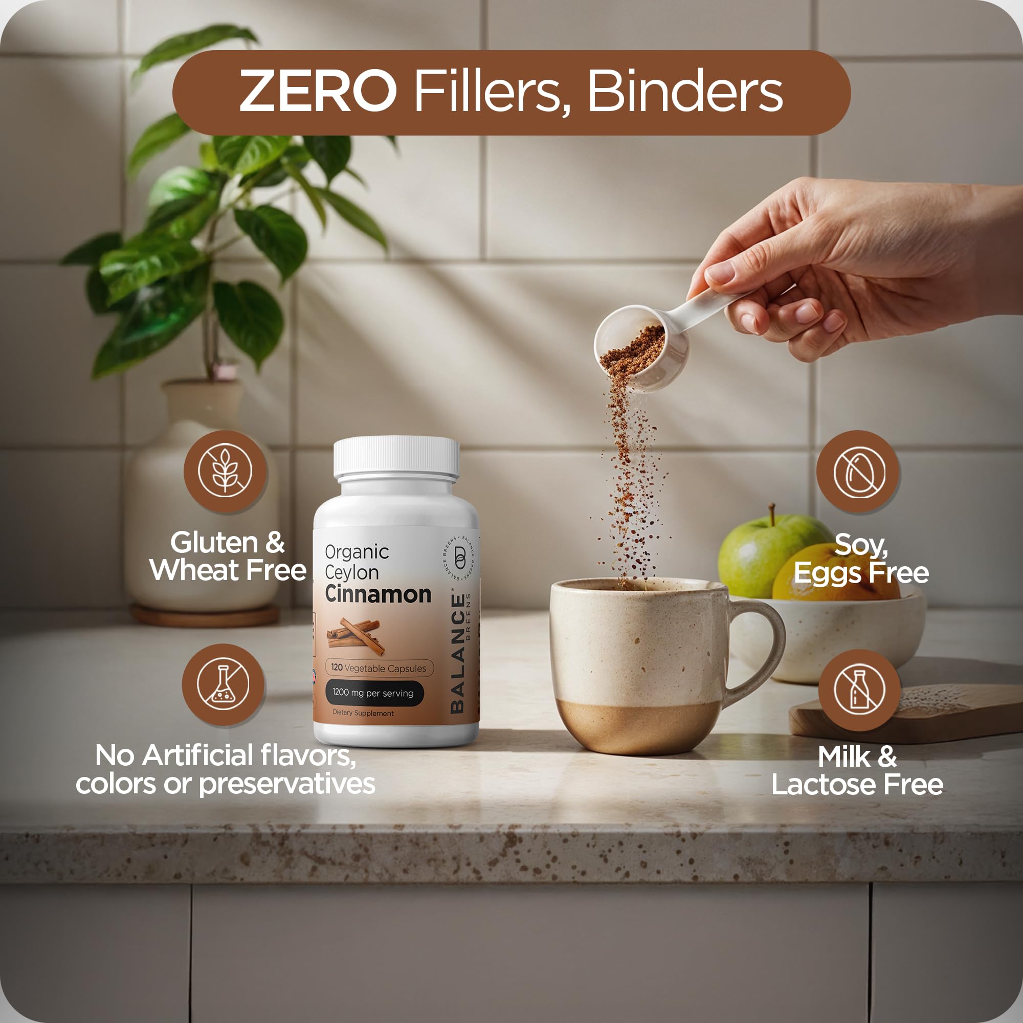 Balancebreens cápsulas junto a canela en polvo, ilustra conveniencia y uso