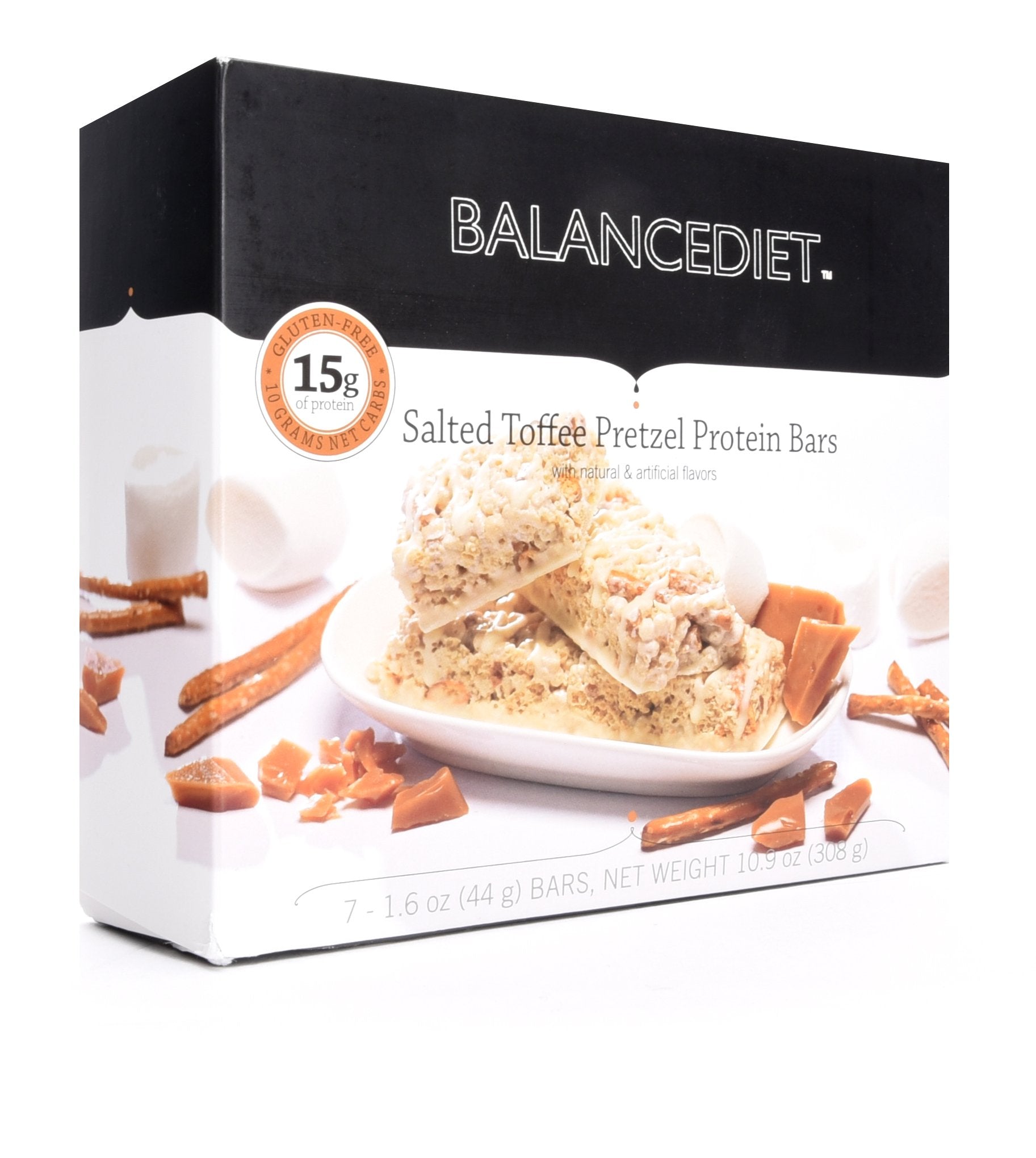 BalanceDiet Salted Toffee Pretzel frontal mostrando la barra y beneficio de 15 g proteína