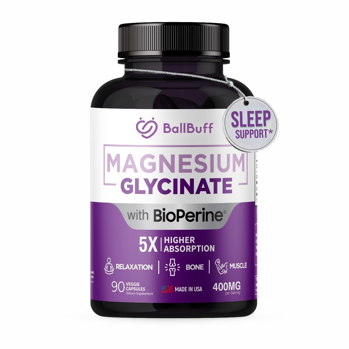 BallBuff envase frontal con 90 cápsulas veganas y etiqueta clara para absorción alta
