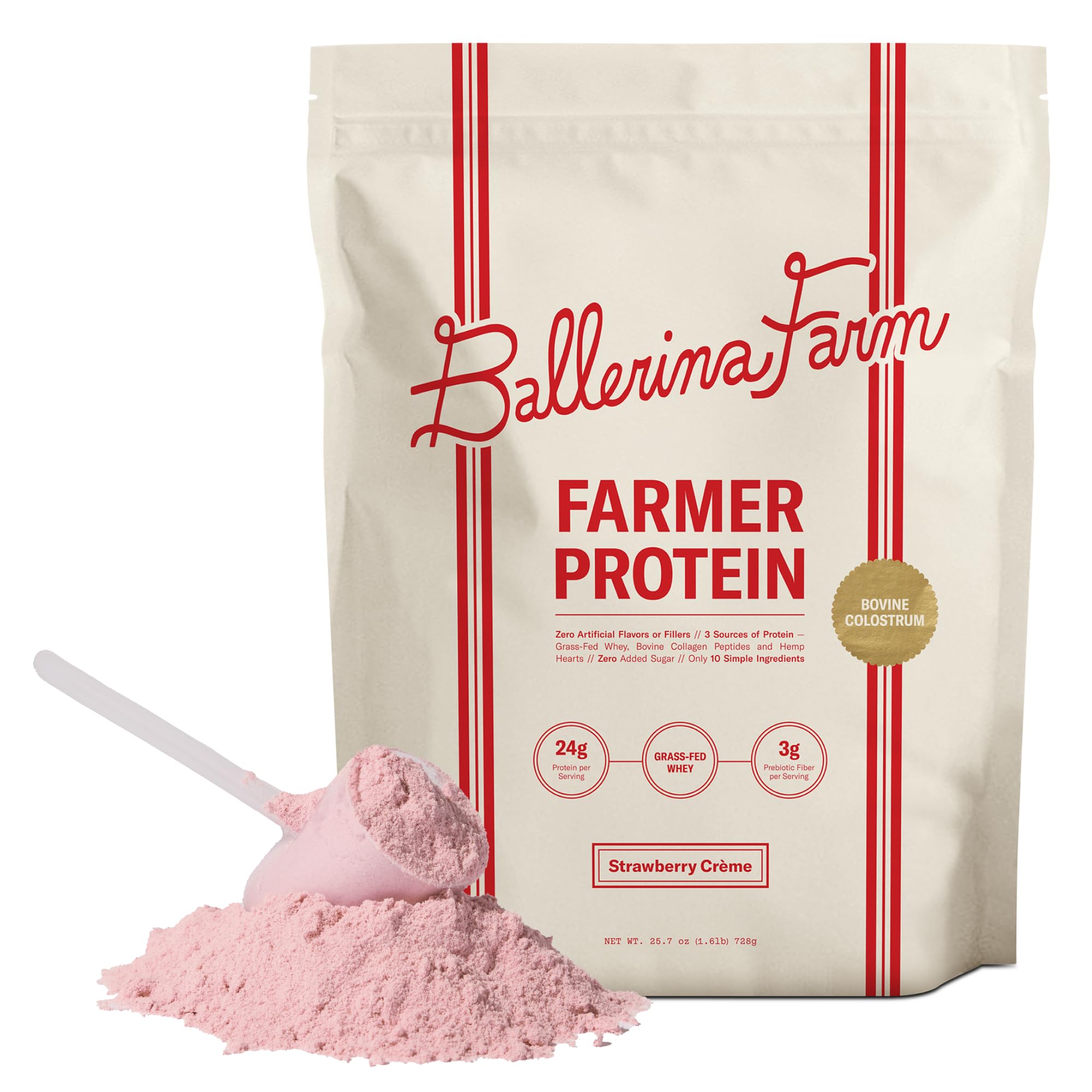 Ballerina Farm empaque frontal mostrando sabor Strawberry Crème y beneficio proteína limpia