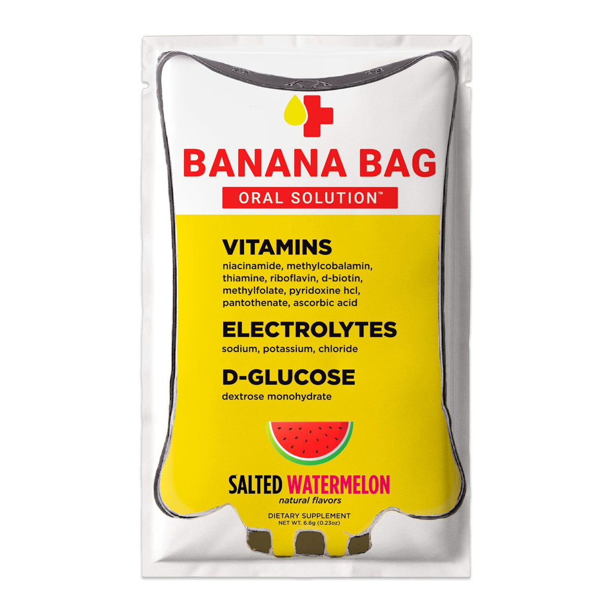 Banana Bag Oral Solution embalaje frontal mostrando cinco sobres y beneficios