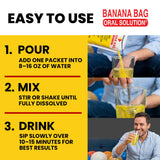 Banana Bag Oral Solution sobre en mano para comparar tamaño y llevar a cualquier parte
