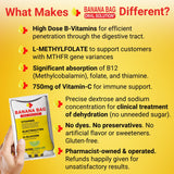 Banana Bag Oral Solution sobres con ilustración de electrolitos y vitaminas clave