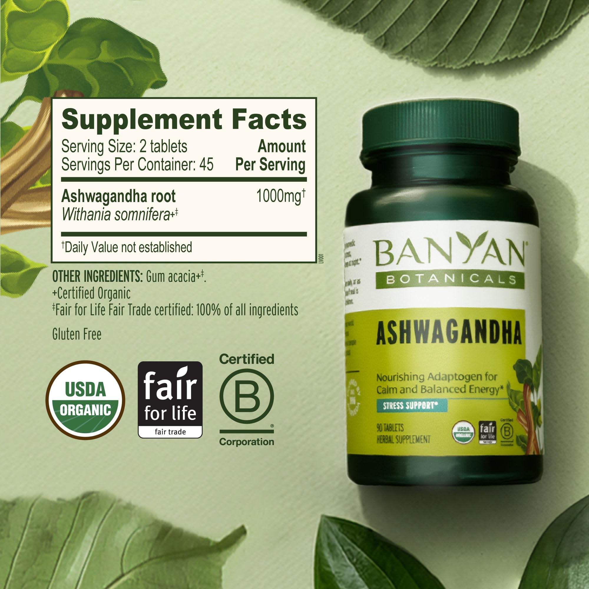 Banyan Botanicals tabletas en mano para comparar tamaño y dosificación