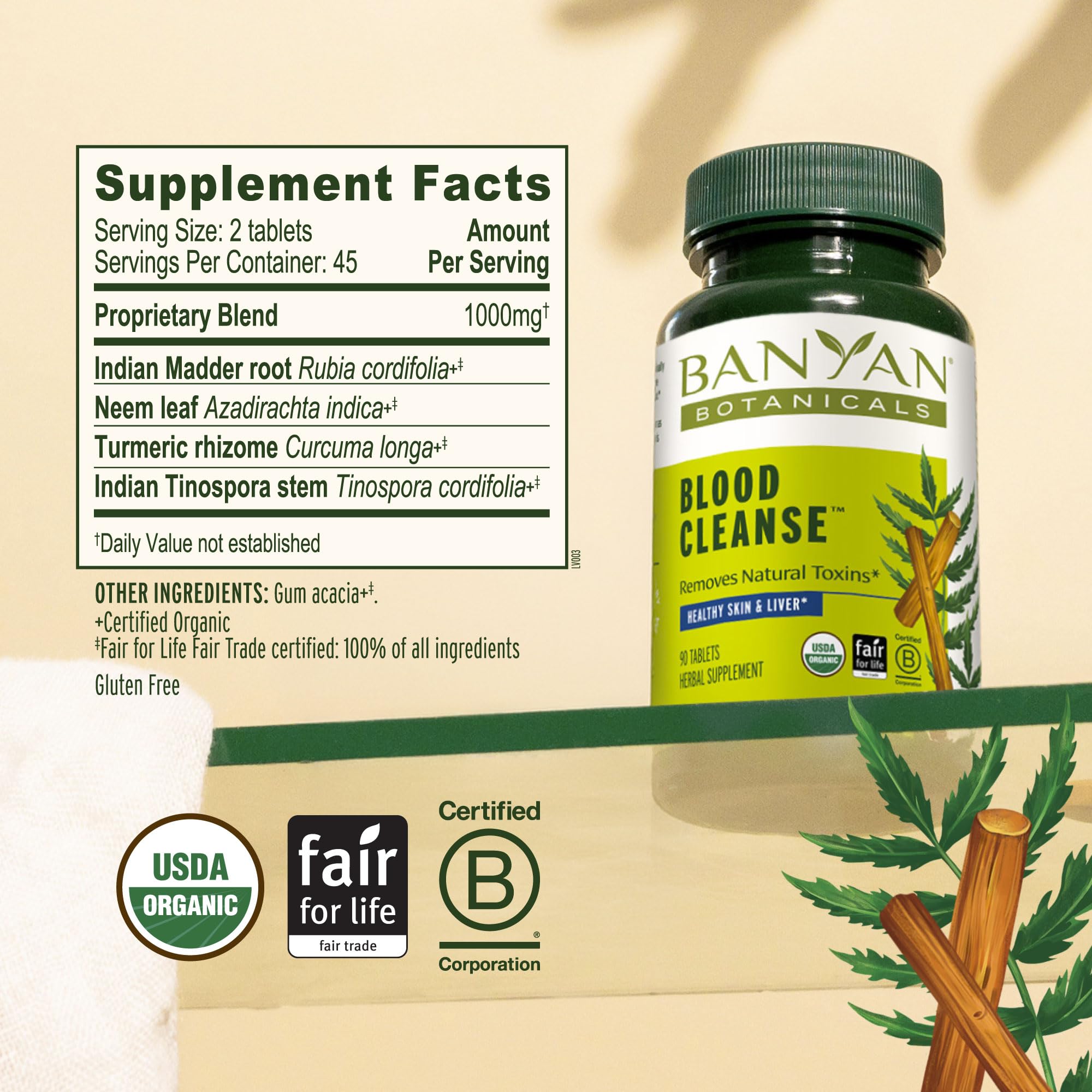 Banyan Botanicals etiqueta con ingredientes y certificaciones visibles