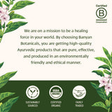 Banyan Botanicals etiqueta con certificaciones USDA Organic y pruebas de laboratorio