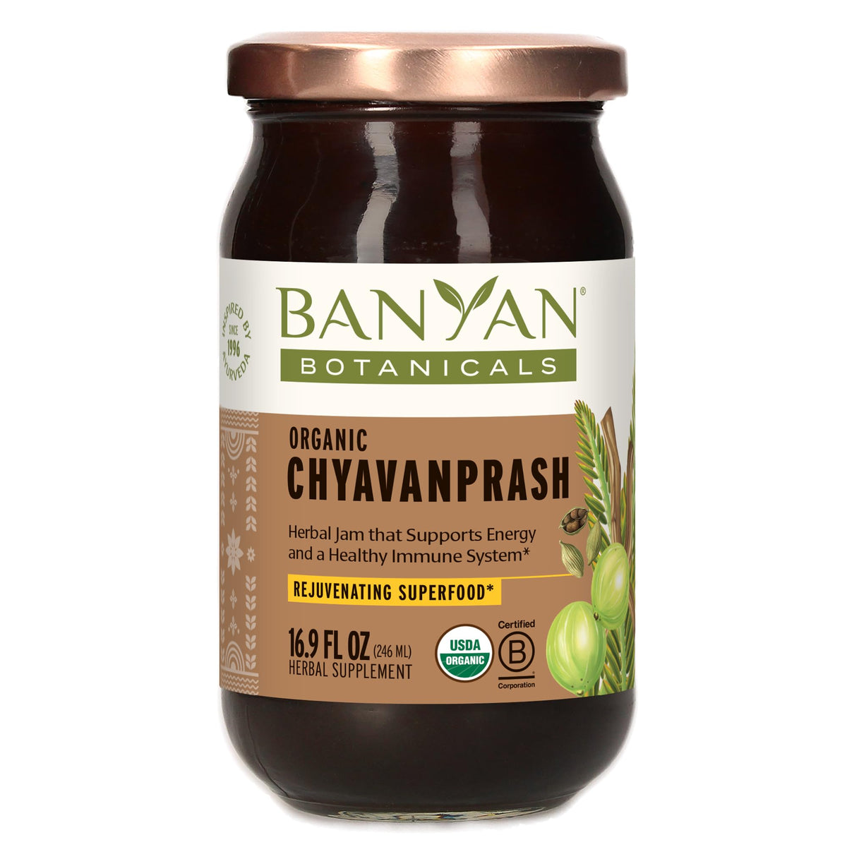 Banyan Botanicals frasco frontal mostrando el diseño y contenido orgánico