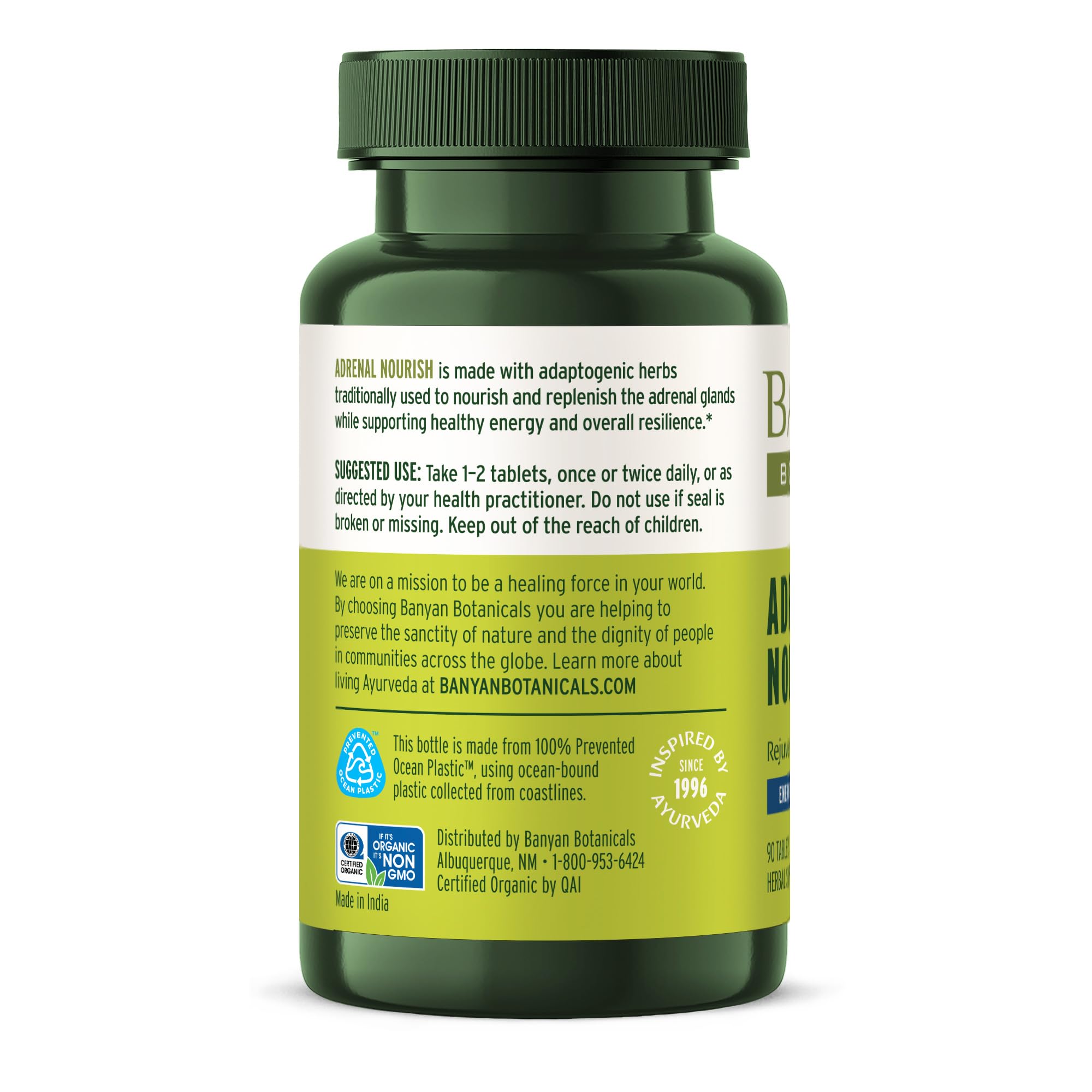 Banyan Botanicals empaque lateral con información de ingredientes y uso