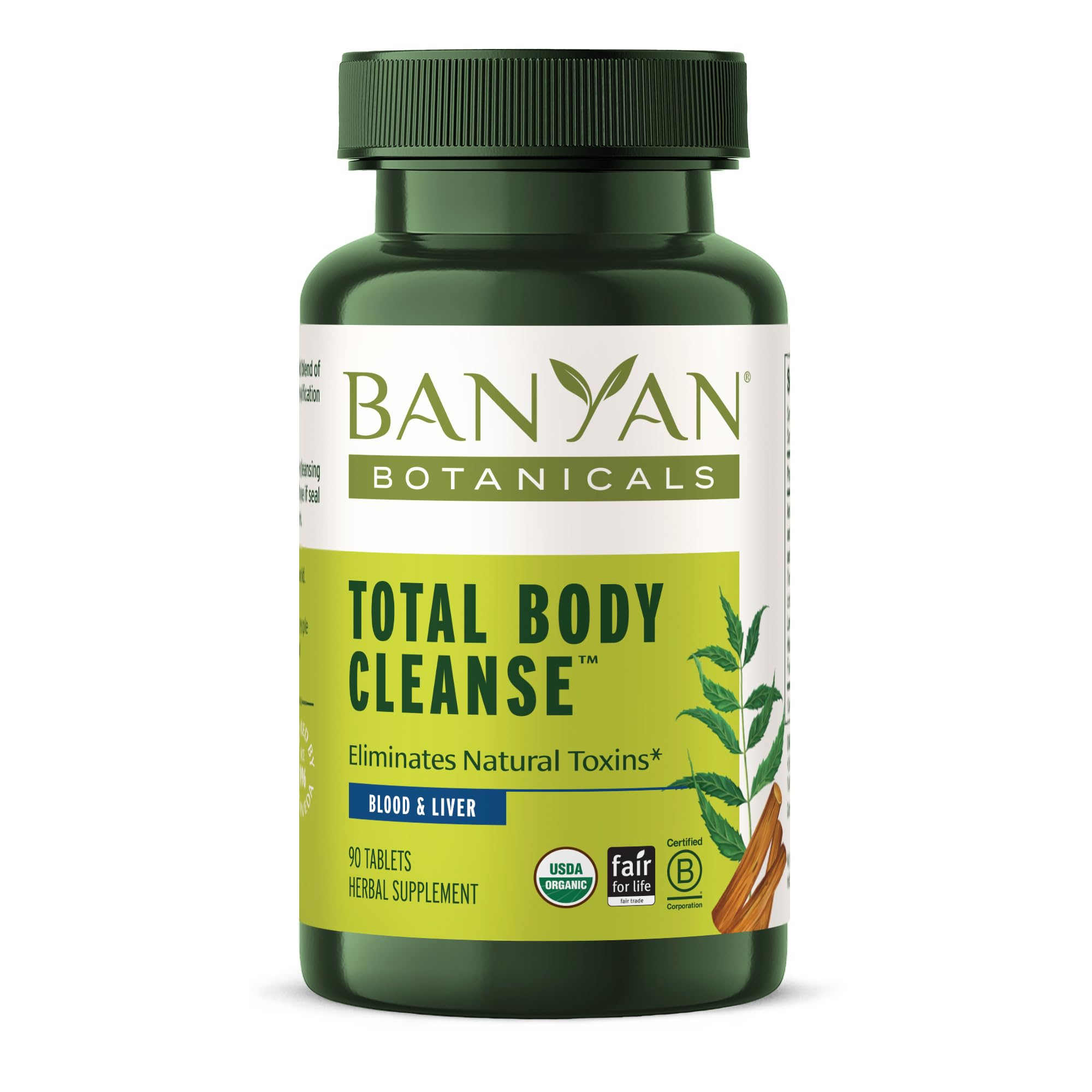 Banyan Botanicals envase frontal mostrando tabletas y certificaciones orgánicas