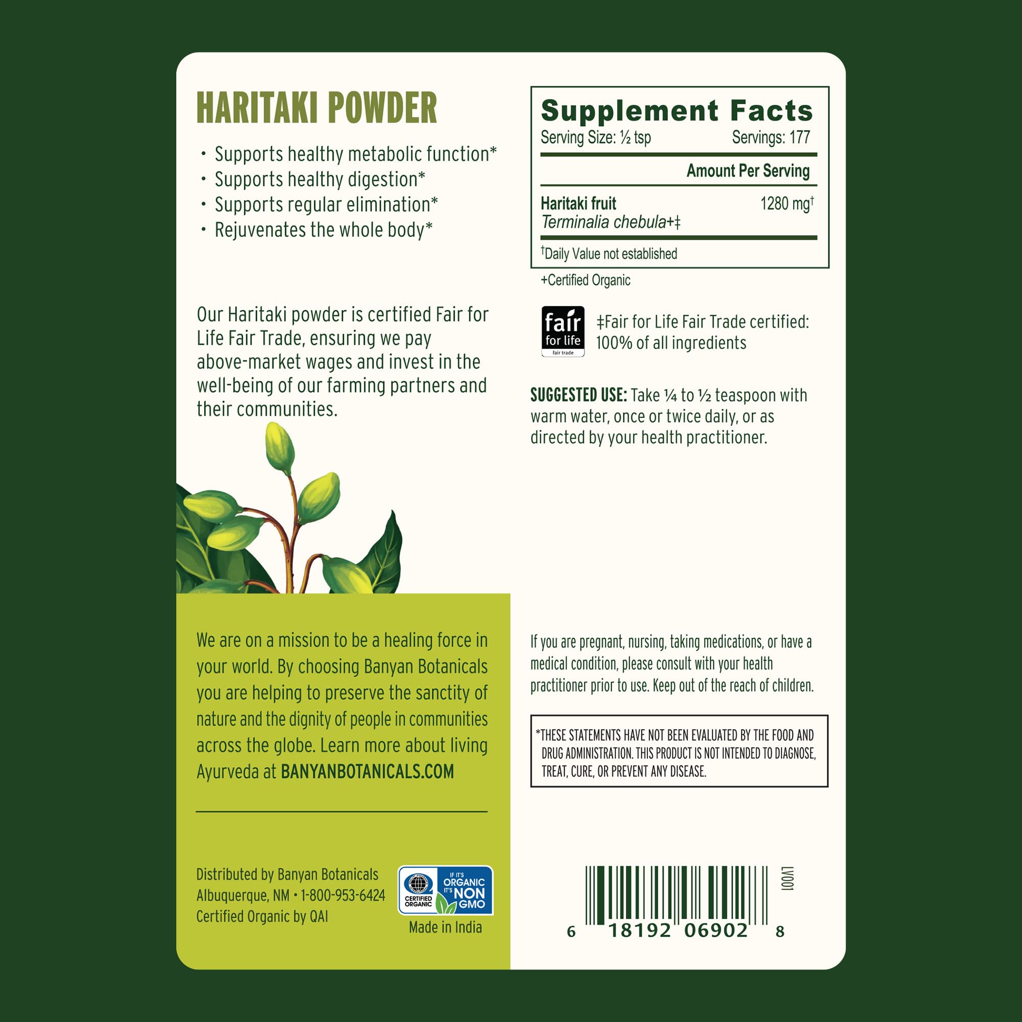 Banyan Botanicals etiqueta con certificaciones orgánicas y no transgénico visibles