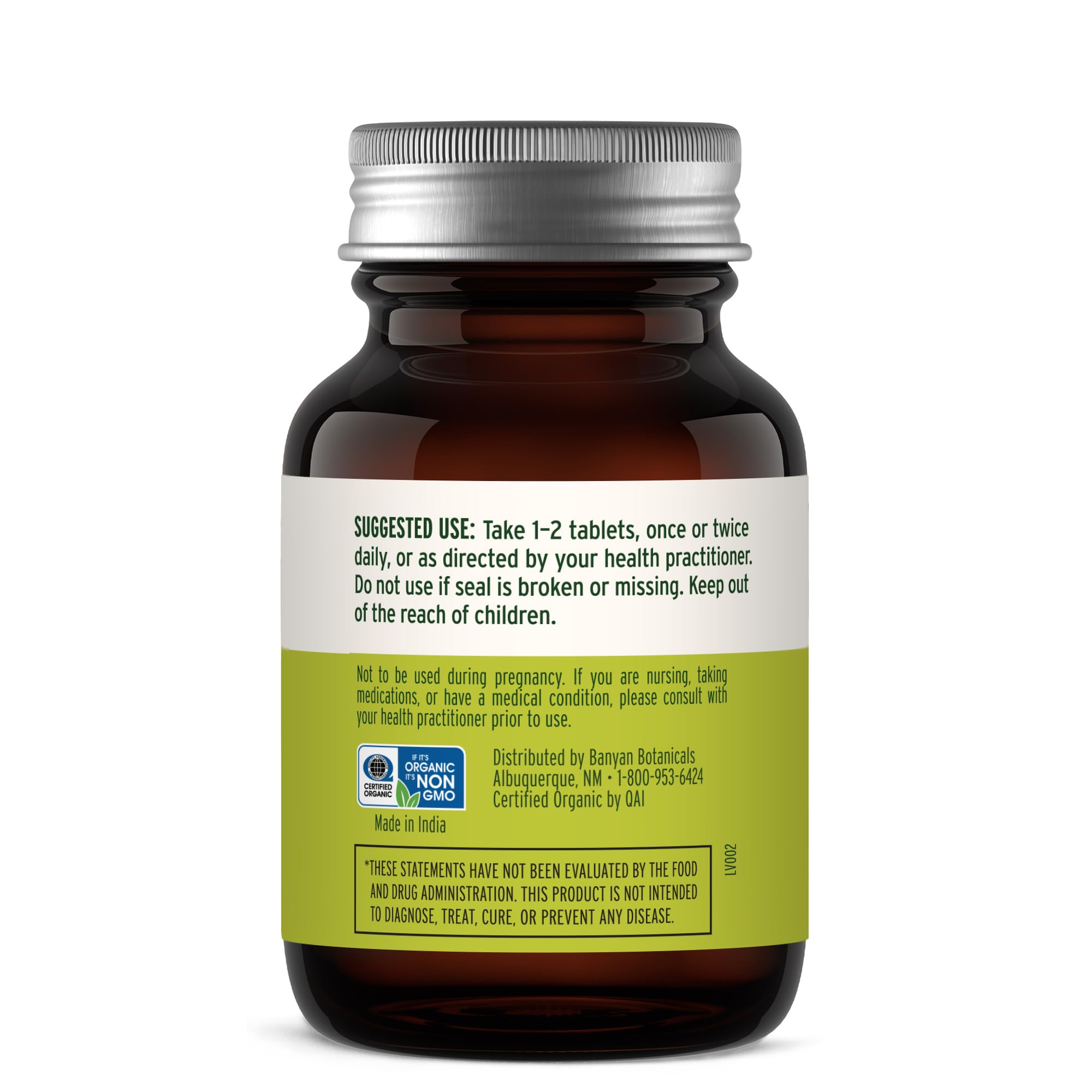 Banyan Botanicals frasco abierto con tabletas para visualizar cantidad y aspecto