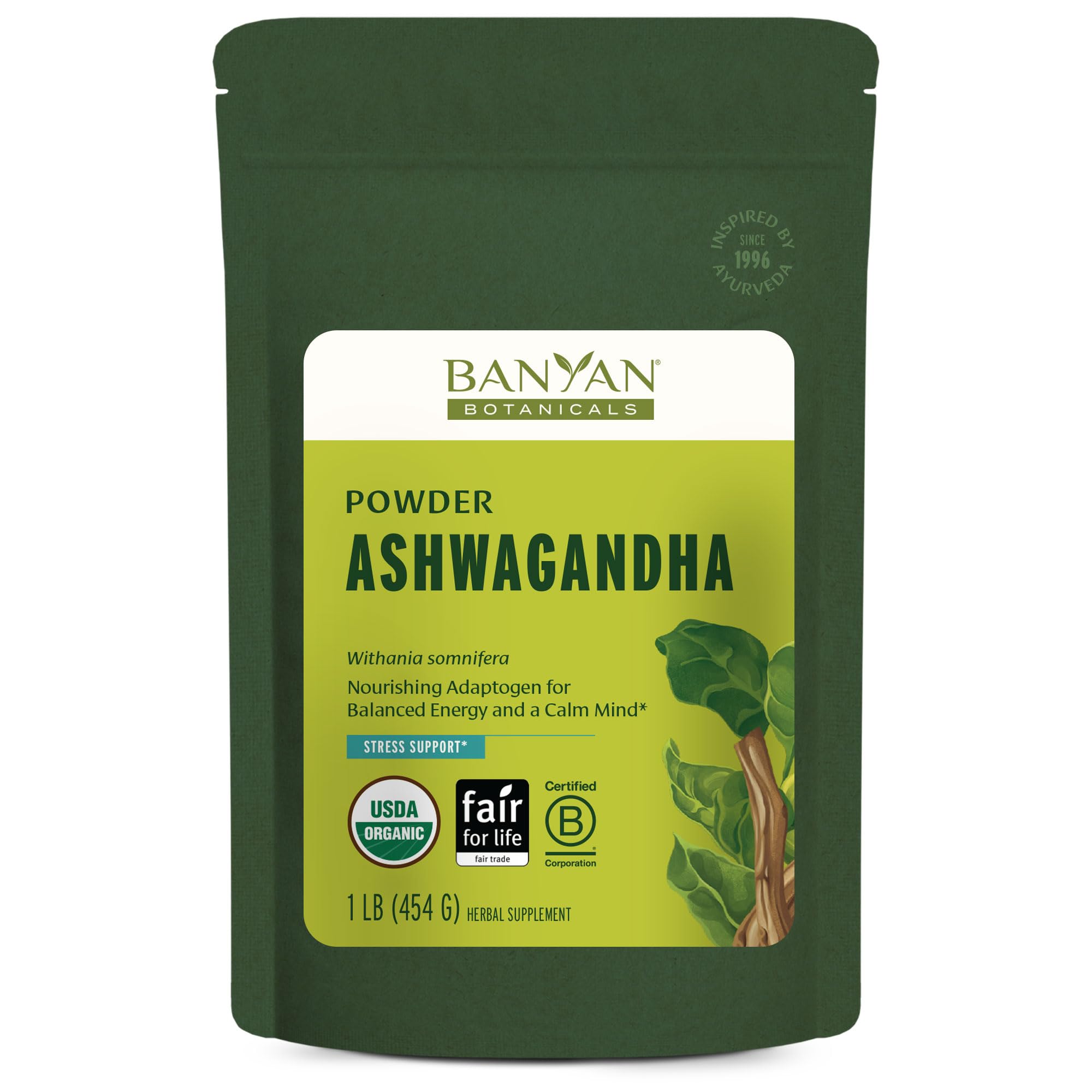 Banyan Botanicals empaque frontal mostrando la bolsa orgánica y beneficios