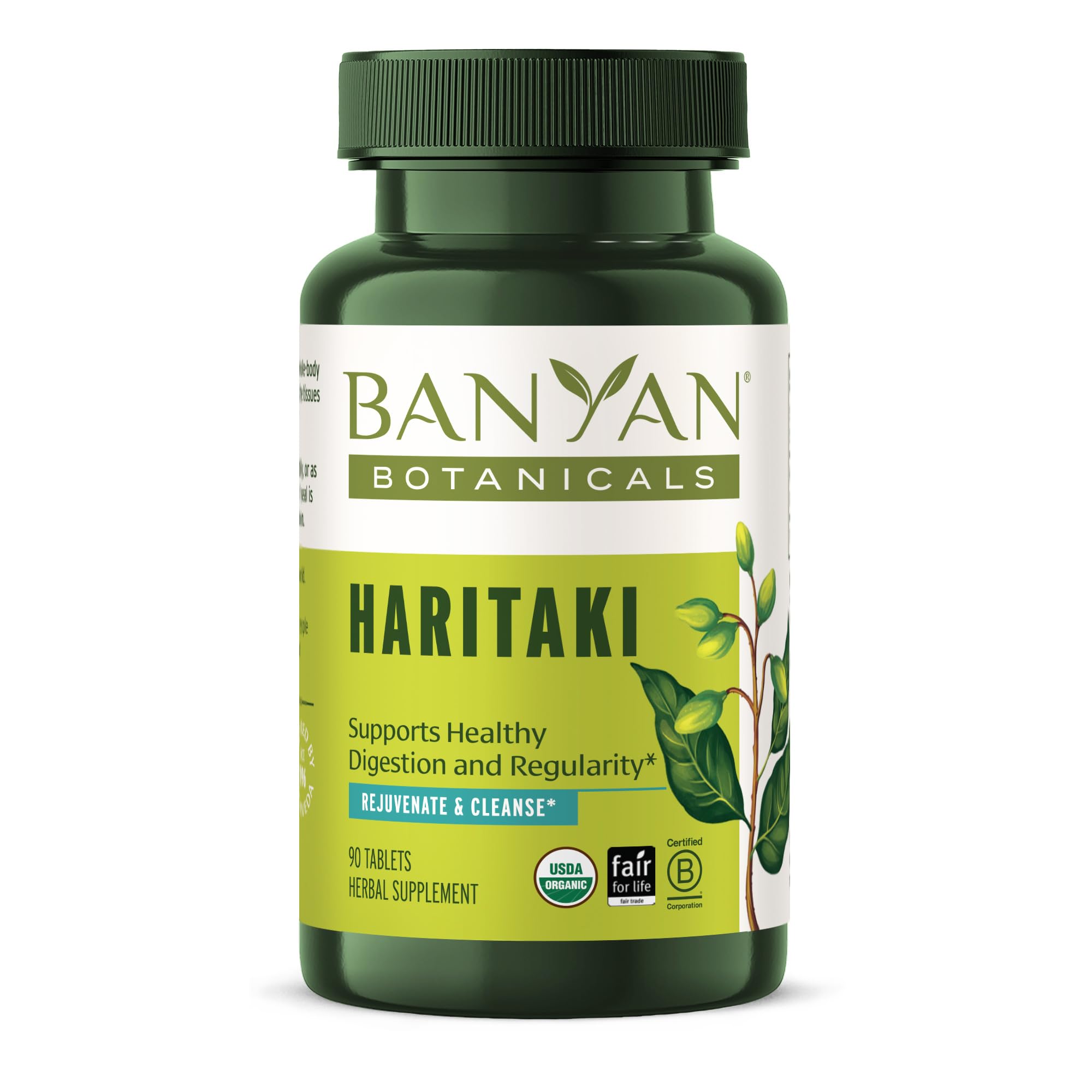 Banyan Botanicals envase frontal claro mostrando 90 tabletas y beneficios