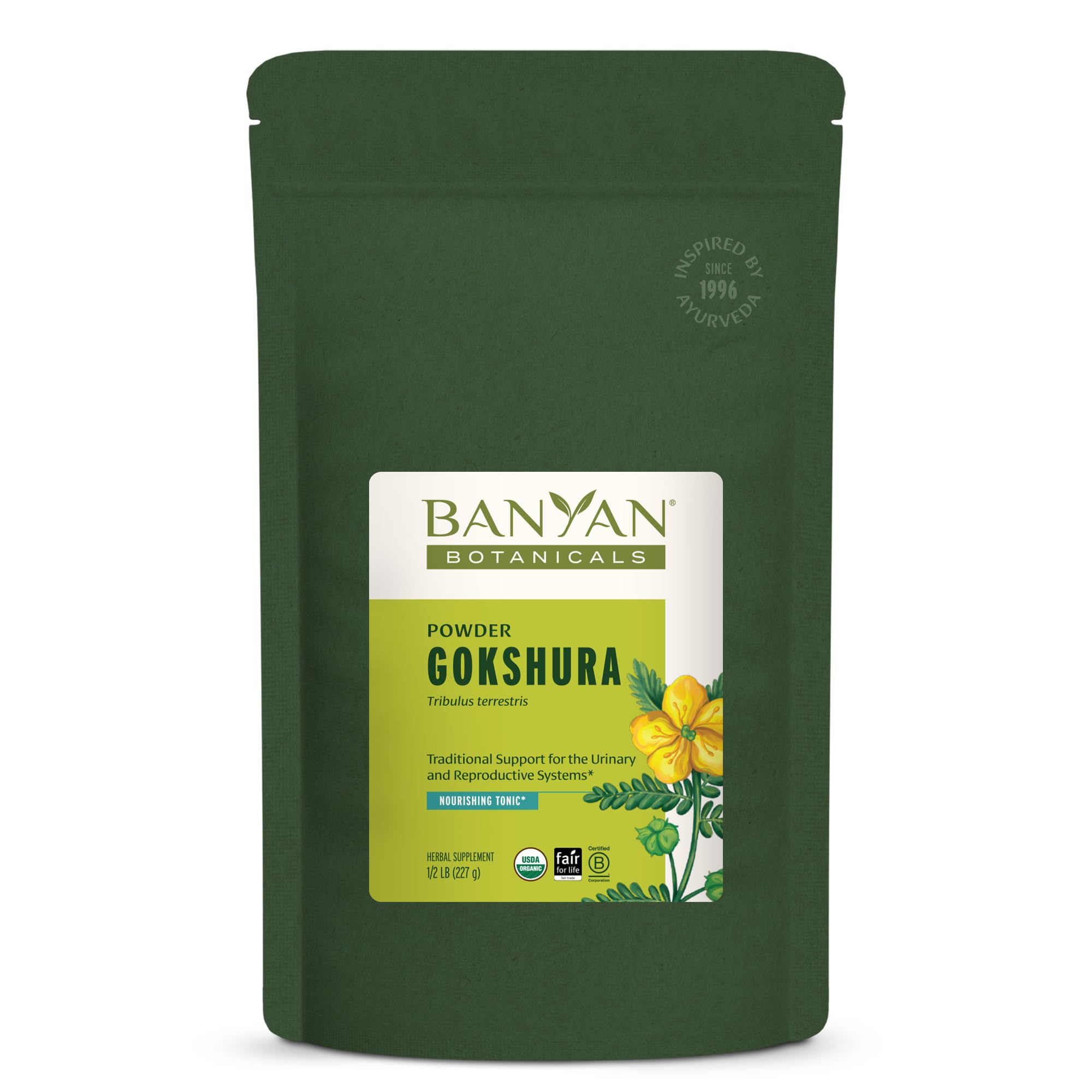 Banyan Botanicals envase frontal de Gokshura mostrando formato y sello orgánico