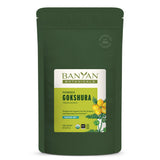 Banyan Botanicals envase frontal de Gokshura mostrando formato y sello orgánico