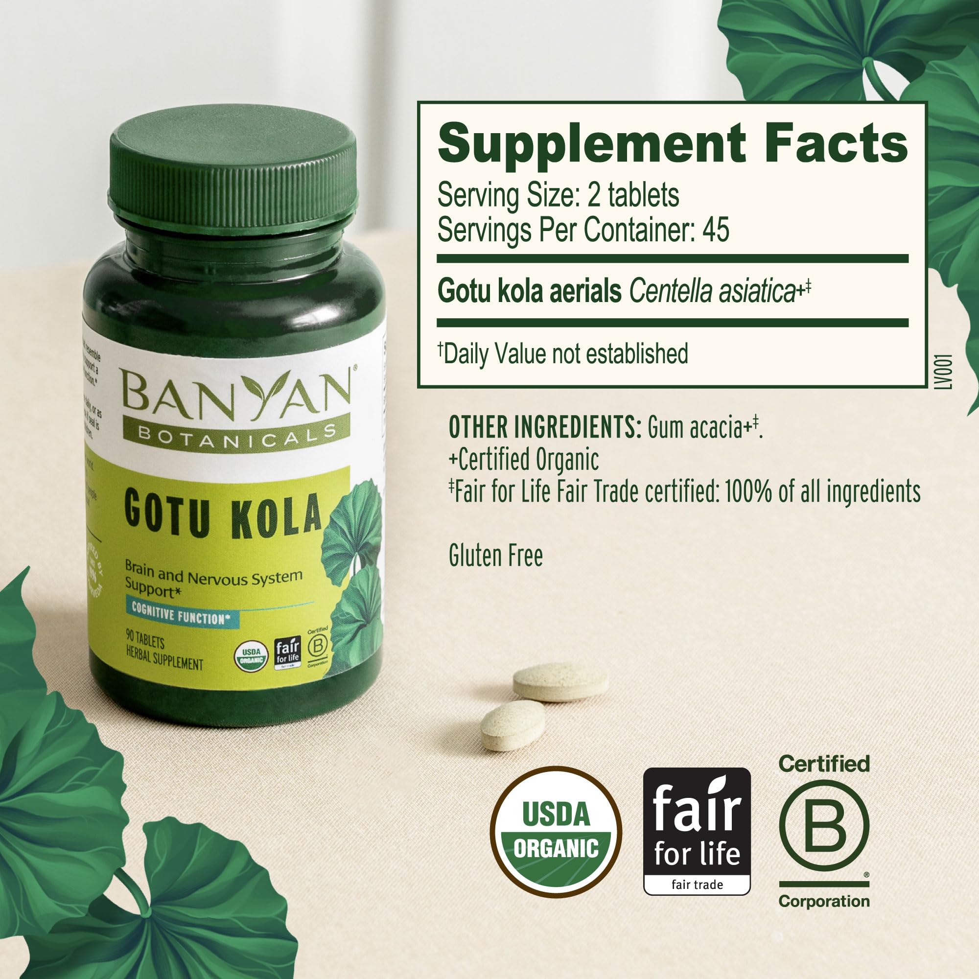 Banyan Botanicals tabletas sobre un escritorio con cuaderno para enfoque laboral