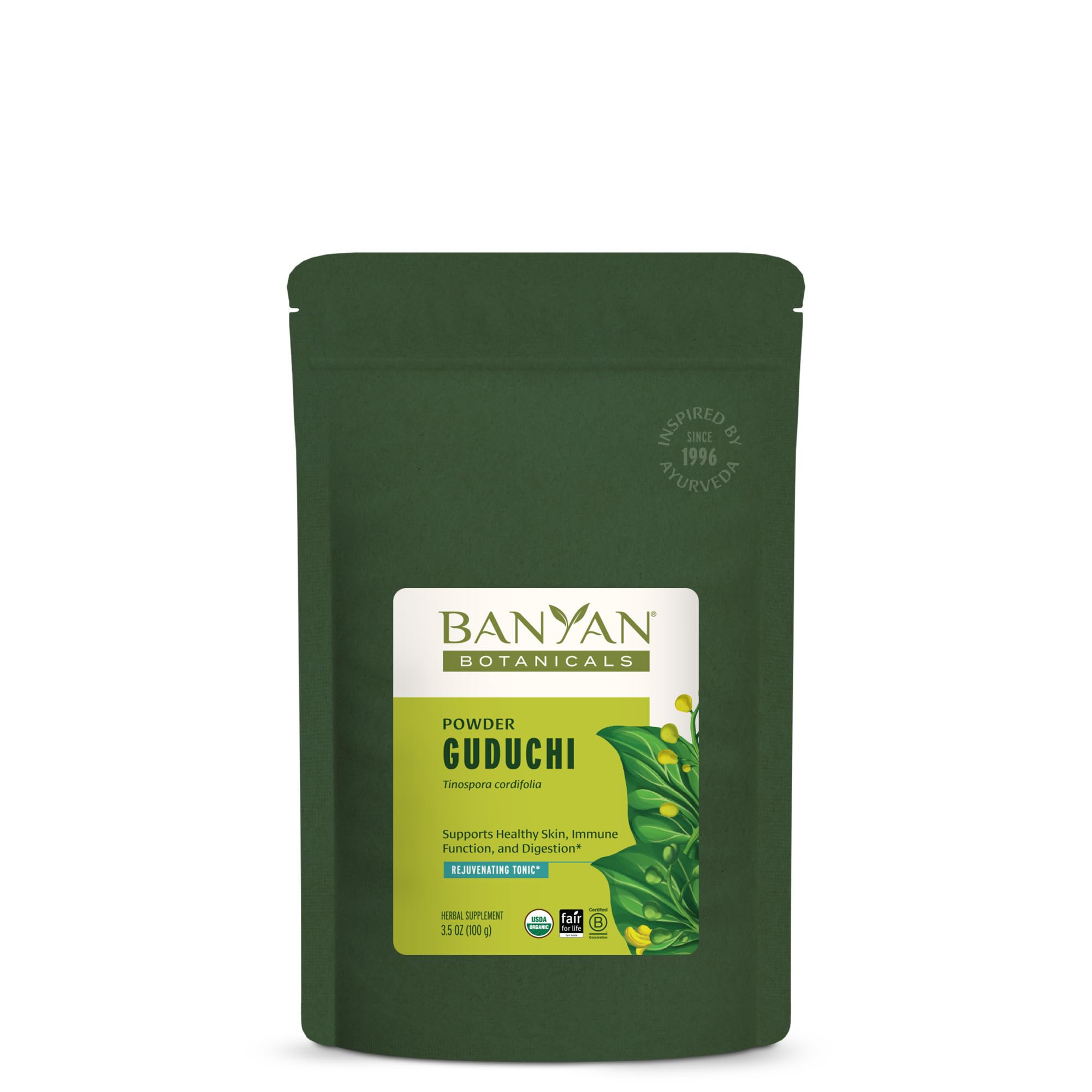 Banyan Botanicals frente del empaque mostrando orgánico y beneficios