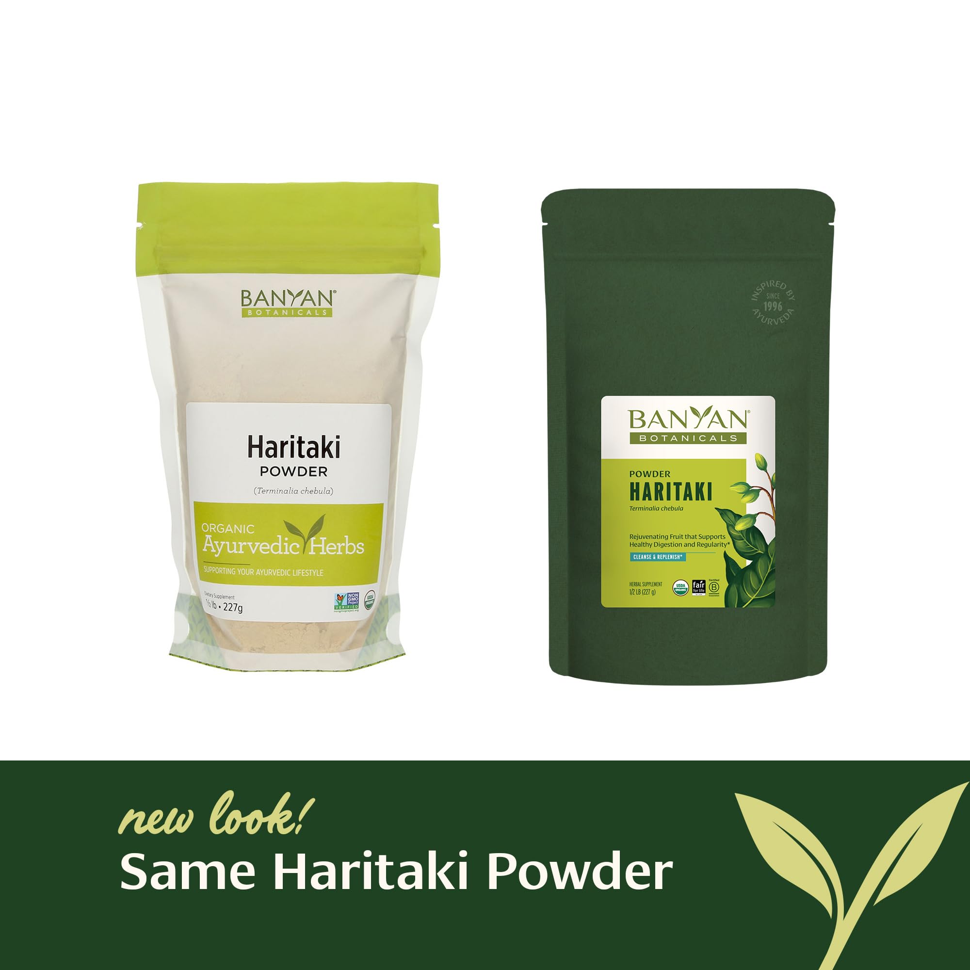 Banyan Botanicals polvo de Haritaki disolviéndose en una infusión caliente reconfortante