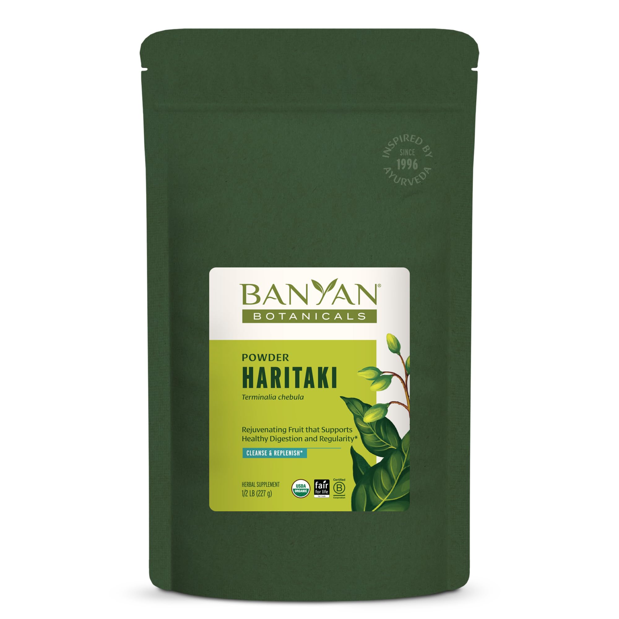 Banyan Botanicals envase frontal de Haritaki mostrando identificación y beneficios