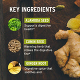 Banyan Botanicals primer plano de jengibre, comino y ajwain como ingredientes