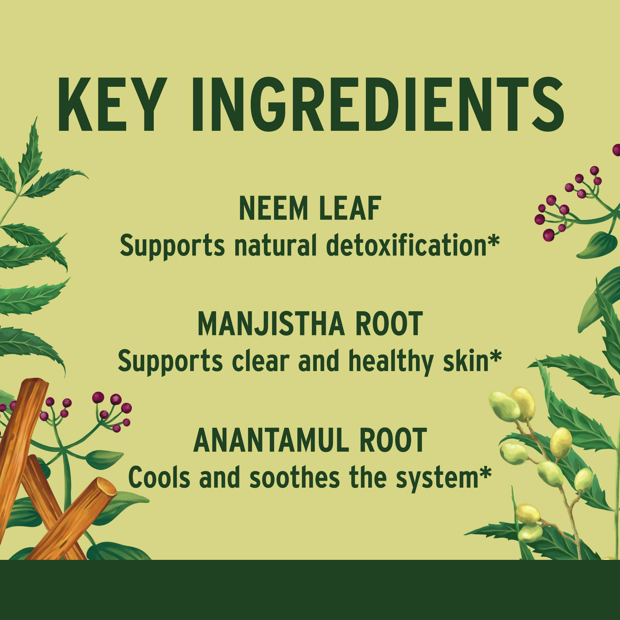 Banyan Botanicals ingredientes Neem y Manjistha presentados como plantas frescas